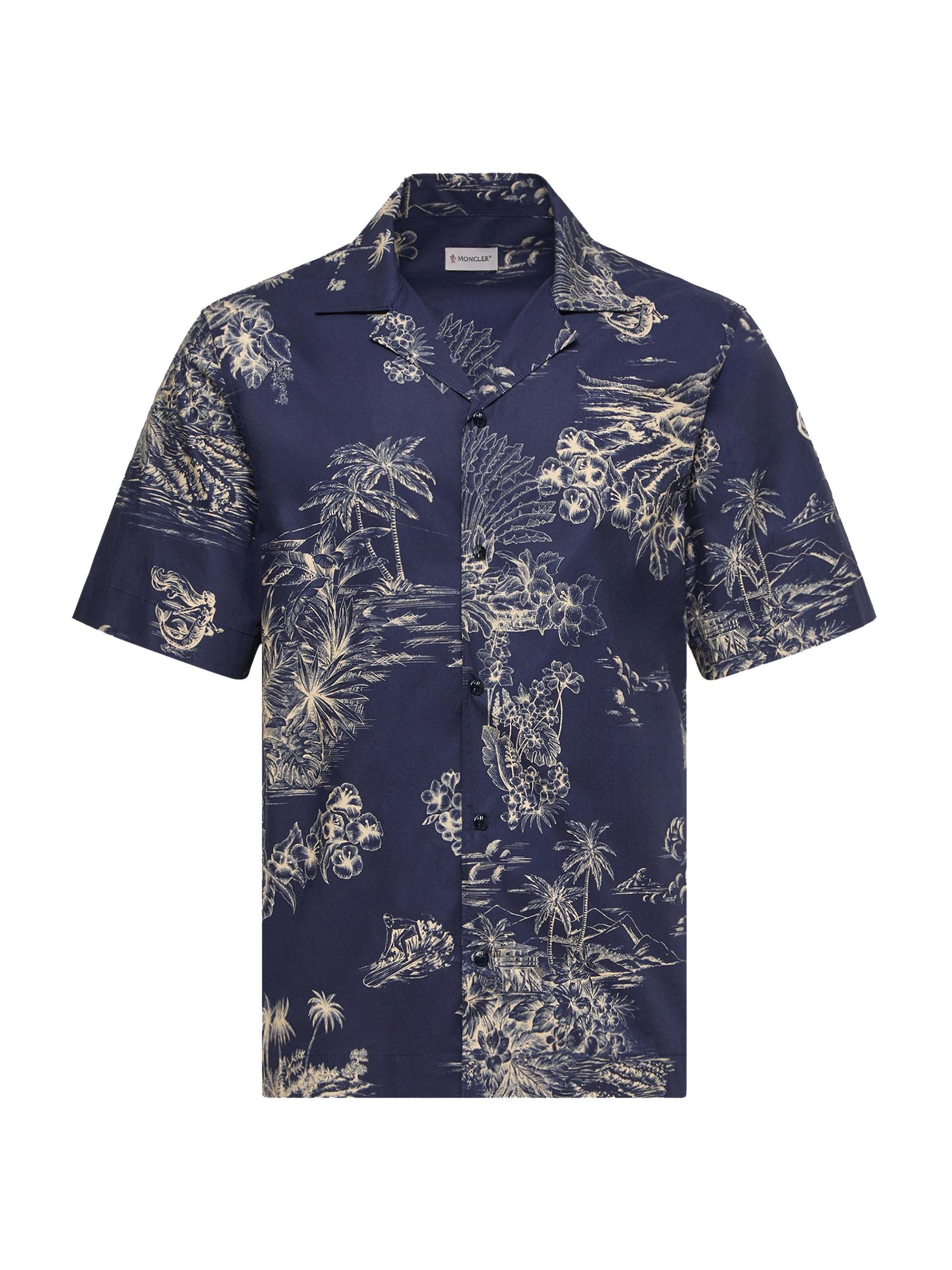 Moncler Men's Short-Sleeved Shirt in Cotton with Floral Print - Navy Blue