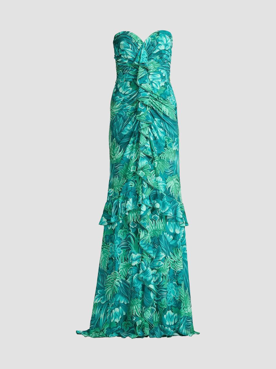 Tadashi Shoji Tropical Print Ruffled Strapless Gown | Saks Fifth