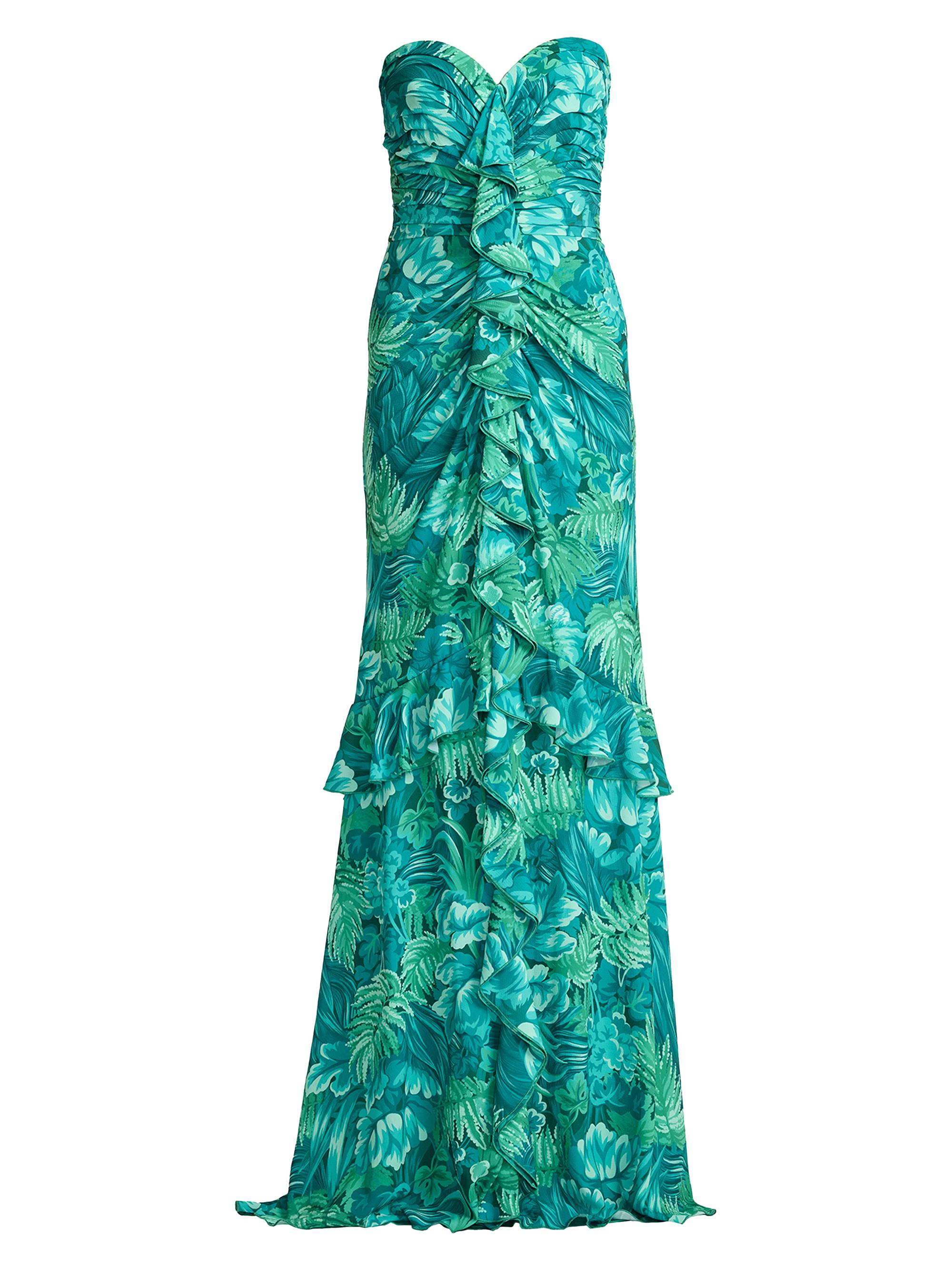 Tadashi Shoji Women's Tropical Print Ruffled Strapless Gown - Emerald Green Multi