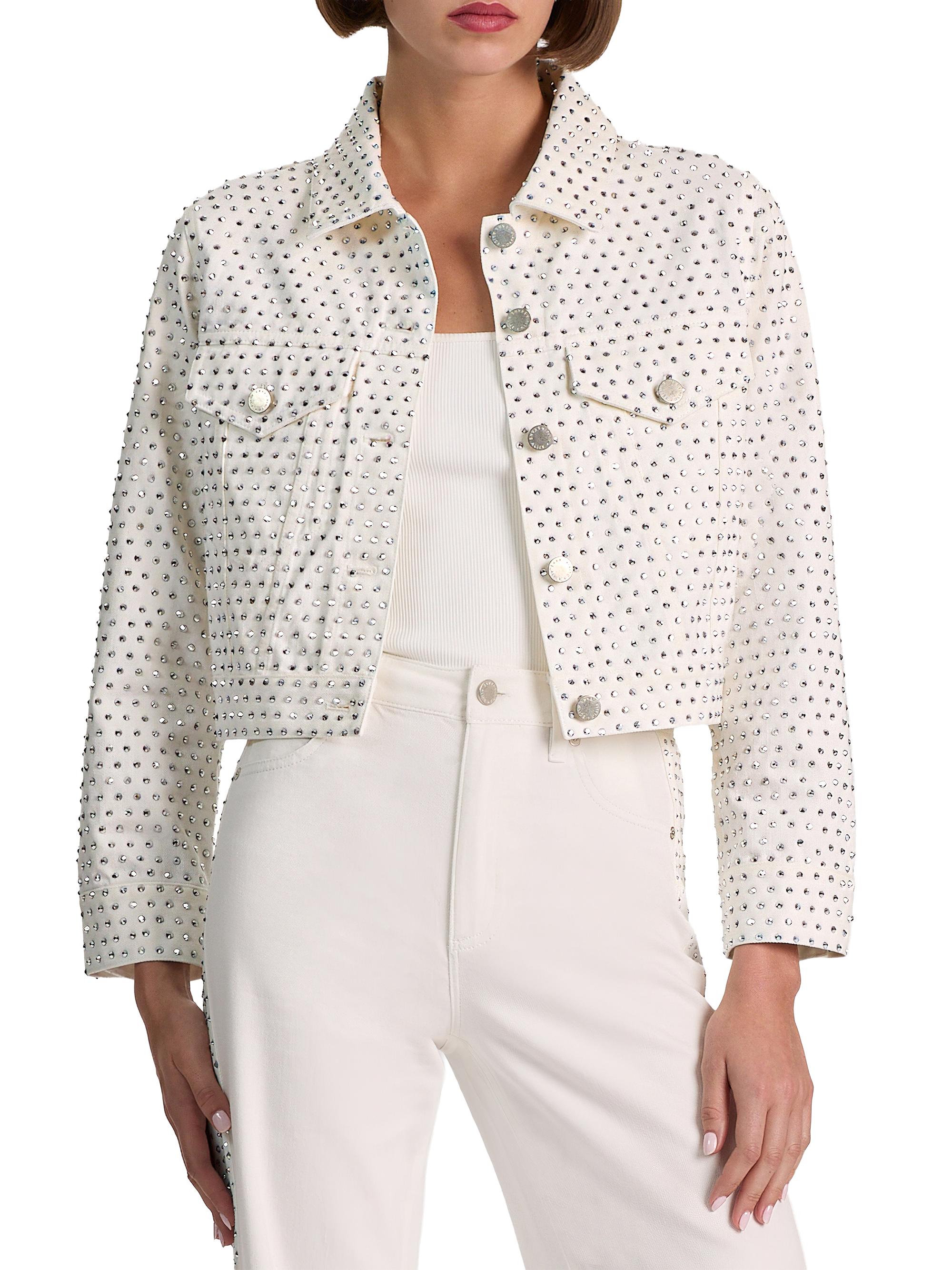 ALICE + OLIVIA Women's Chloe Embellished Denim Crop Jacket - Off White Silver | Thumbnail 3