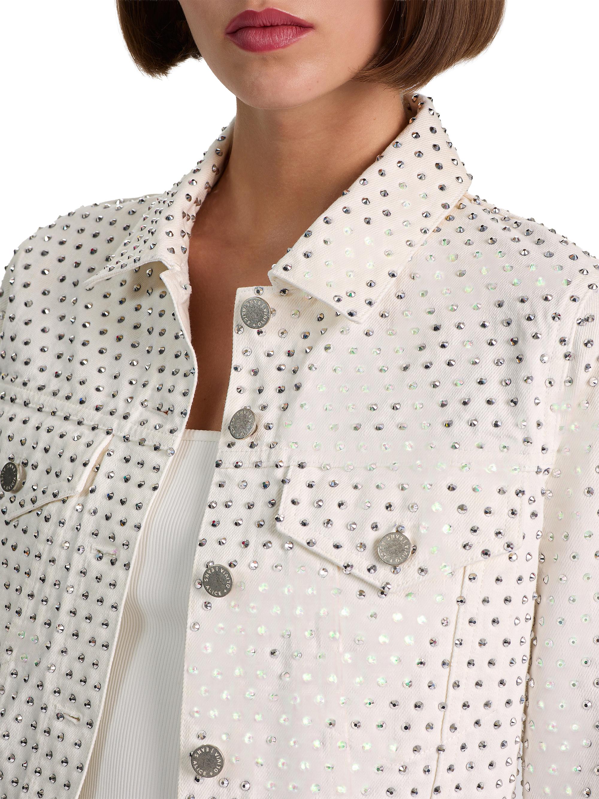 ALICE + OLIVIA Women's Chloe Embellished Denim Crop Jacket - Off White Silver | Thumbnail 6