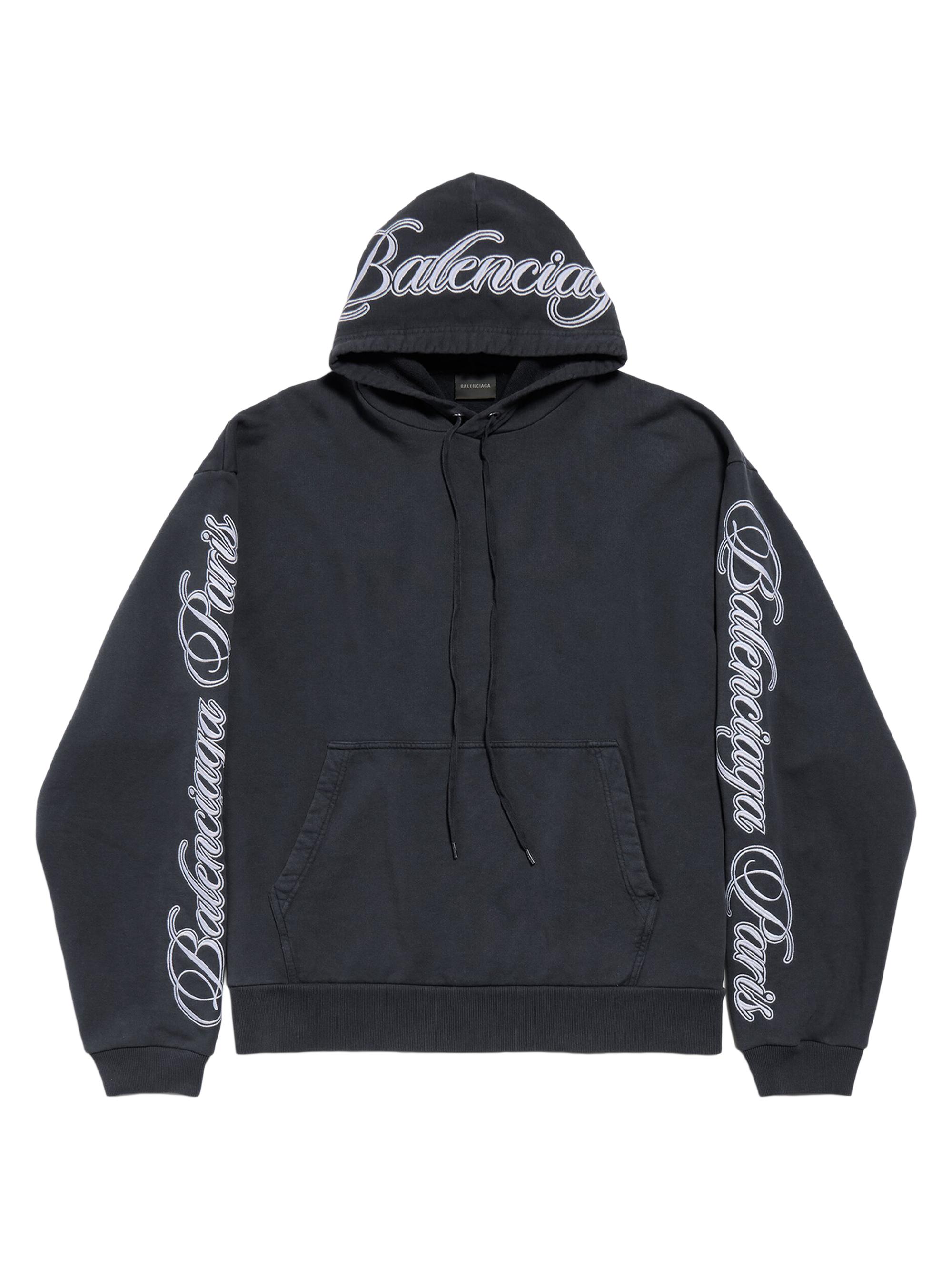 Balenciaga Men's Cursive Oversized Hoodie - Washed Black White