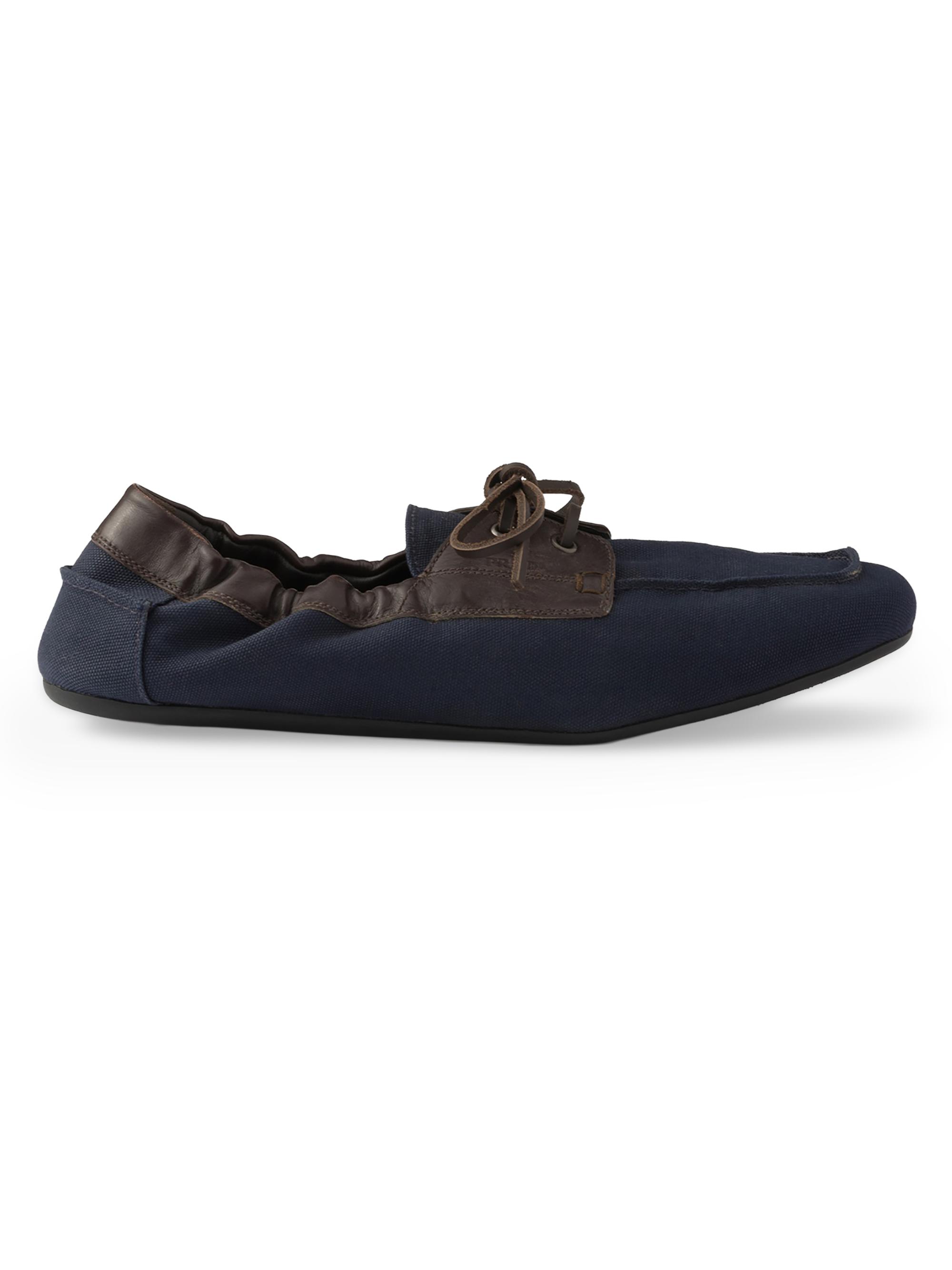 Prada Men's Shuffle Aged Canvas and Leather Boat Shoes - Blue