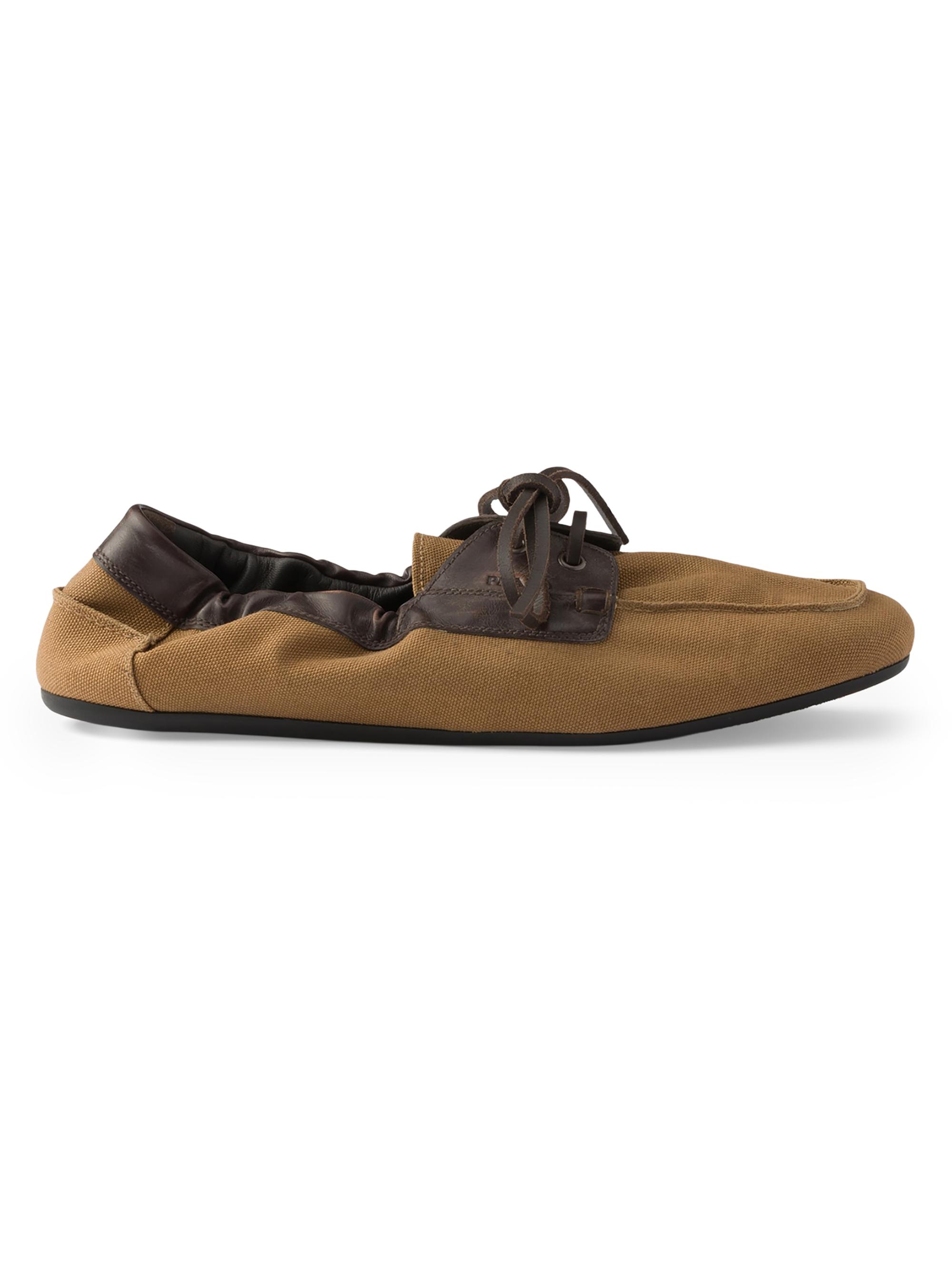 Prada Men's Shuffle Aged Canvas and Leather Boat Shoes - Brown