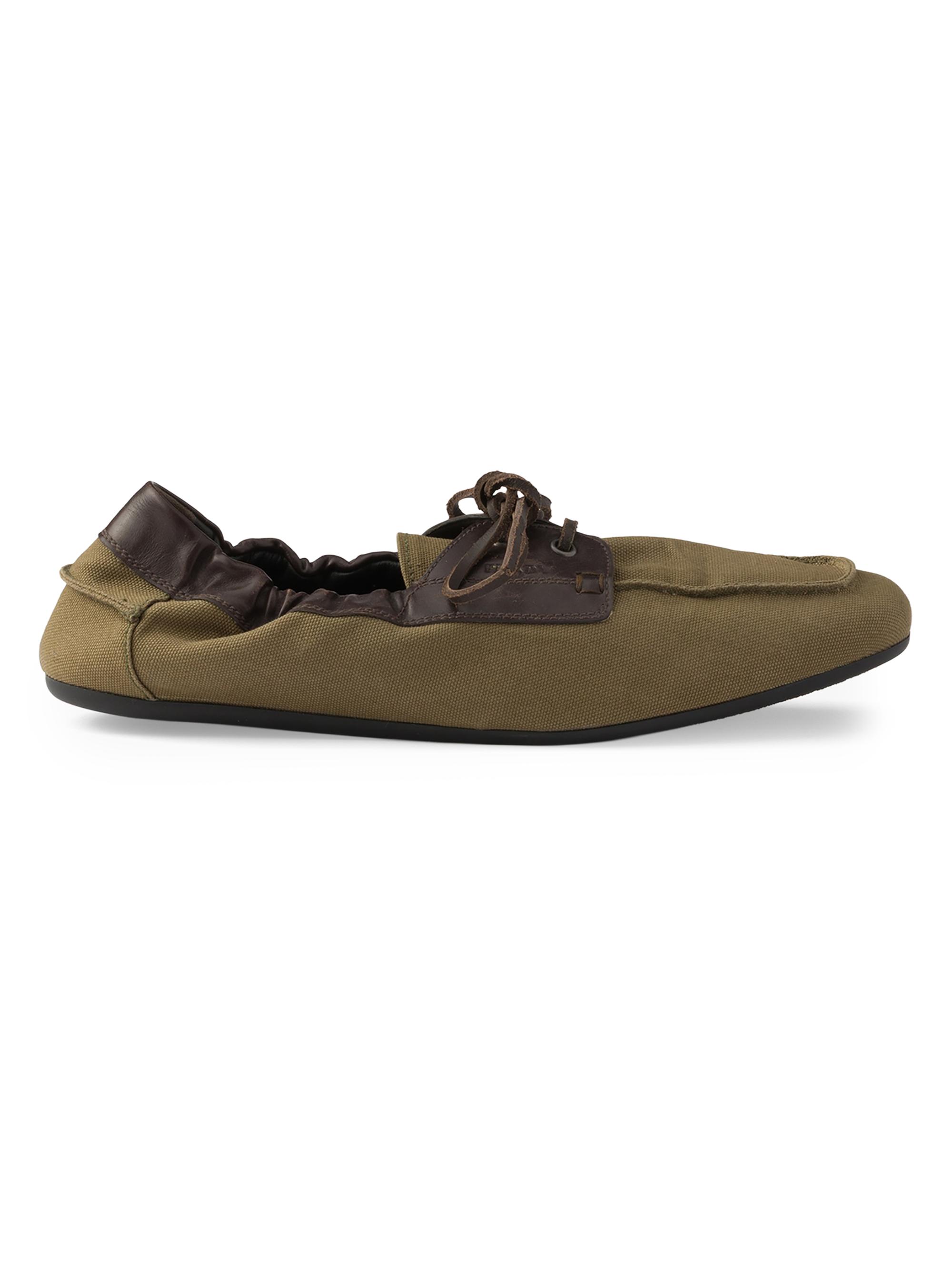 Prada Men's Shuffle Aged Canvas and Leather Boat Shoes - Green