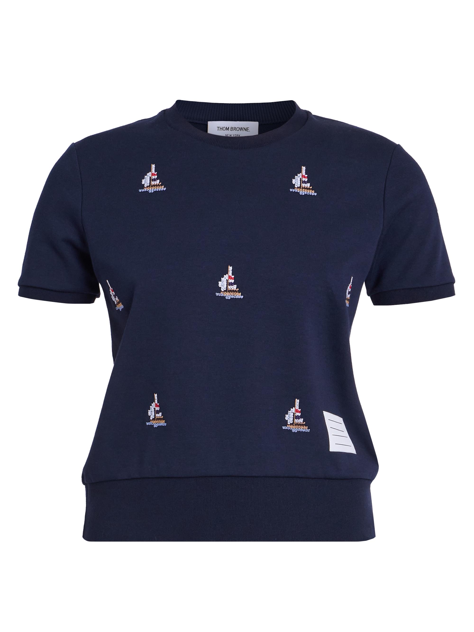 Thom Browne Women's Sailboat Intarsia-Knit Cotton Sweater - Navy - Women's Clothing