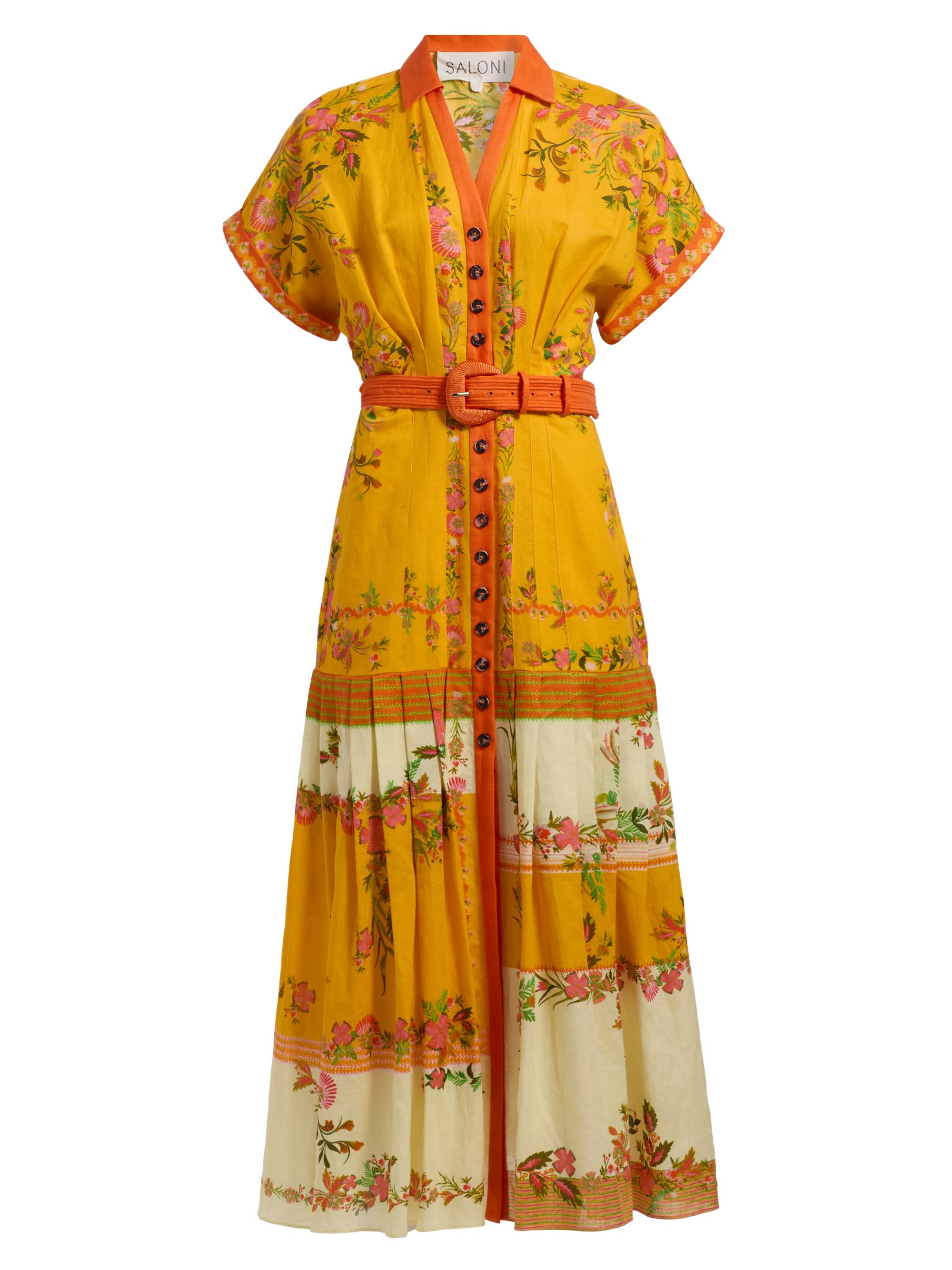 Saloni Women's Riya Floral Linen-Cotton Midi-Dress - Zinnia Sunset Placement