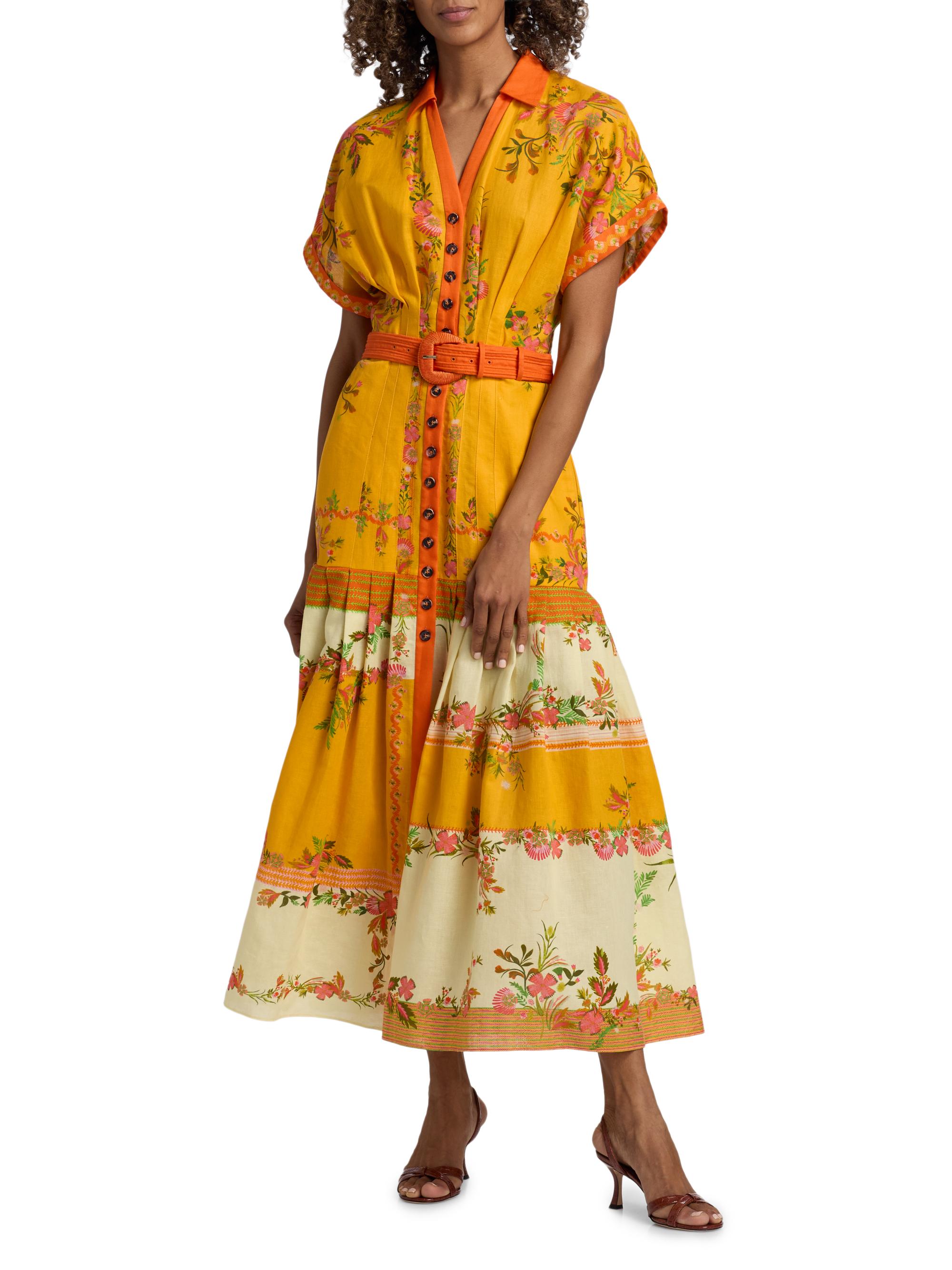 Saloni Women's Riya Floral Linen-Cotton Midi-Dress - Zinnia Sunset Placement | Thumbnail 3