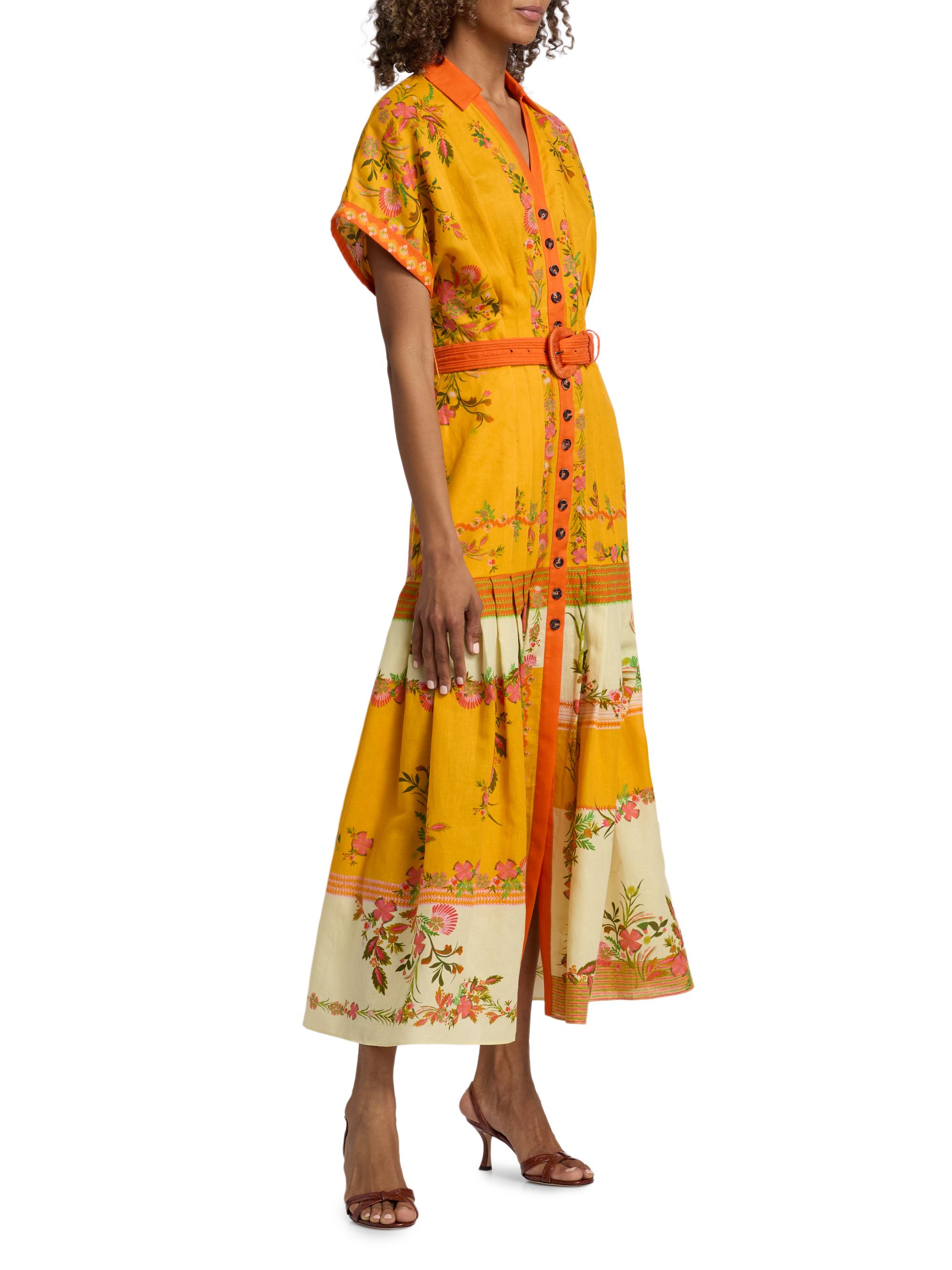 Saloni Women's Riya Floral Linen-Cotton Midi-Dress - Zinnia Sunset Placement | Thumbnail 4