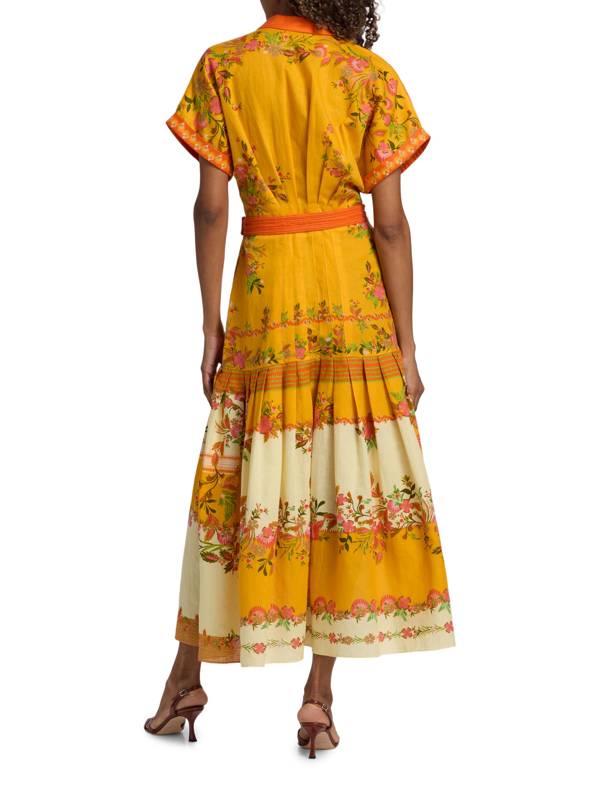 Saloni Women's Riya Floral Linen-Cotton Midi-Dress - Zinnia Sunset Placement | Thumbnail 5