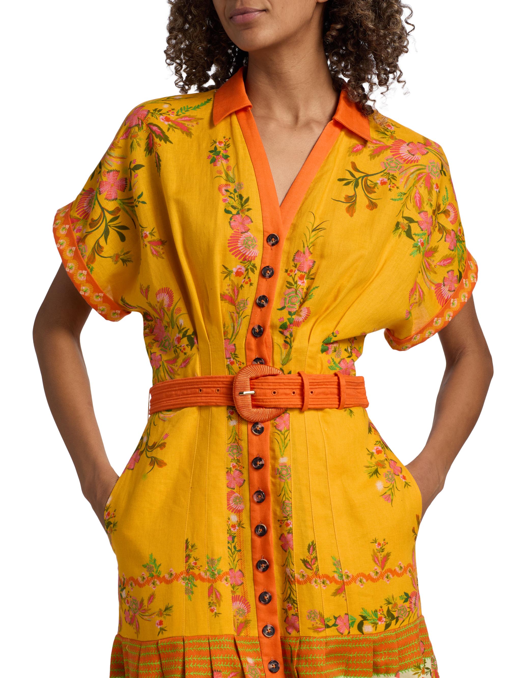 Saloni Women's Riya Floral Linen-Cotton Midi-Dress - Zinnia Sunset Placement | Thumbnail 6