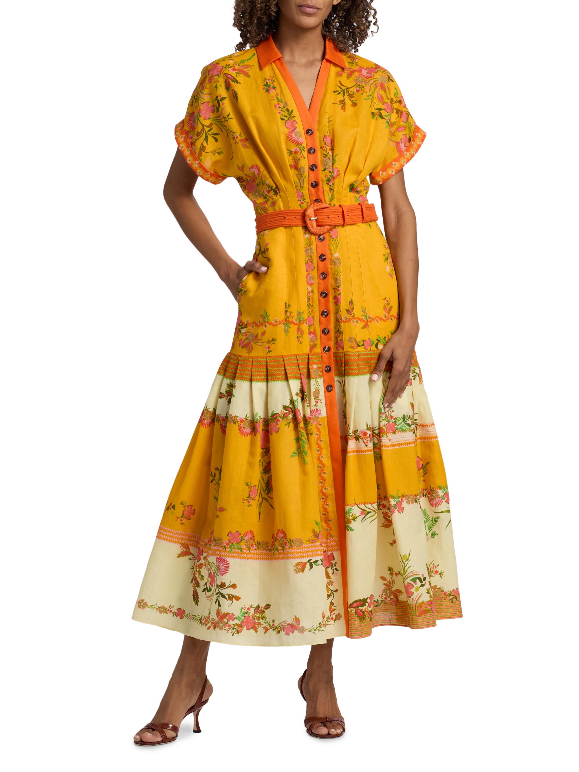Saloni Women's Riya Floral Linen-Cotton Midi-Dress - Zinnia Sunset Placement | Thumbnail 2