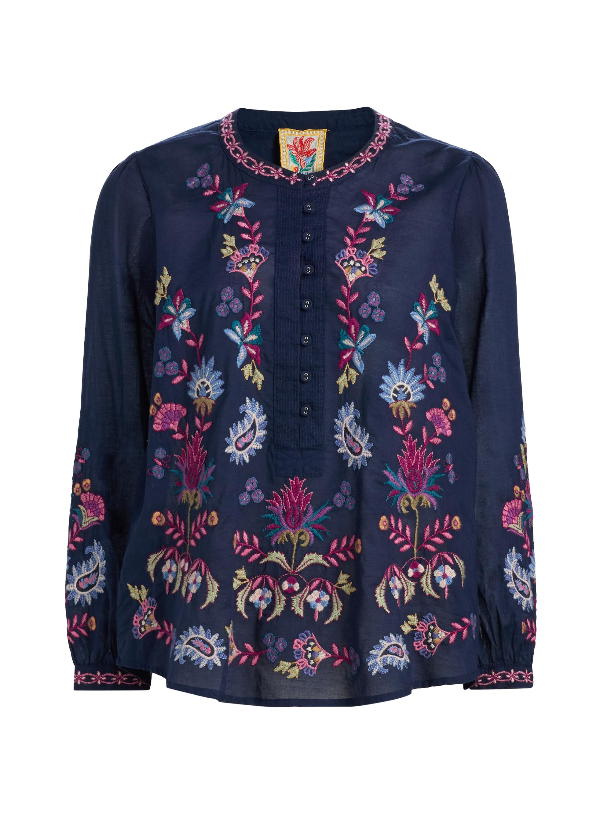 Johnny Was Women's Kesia Cotton Field Henley Blouse - Blue Night