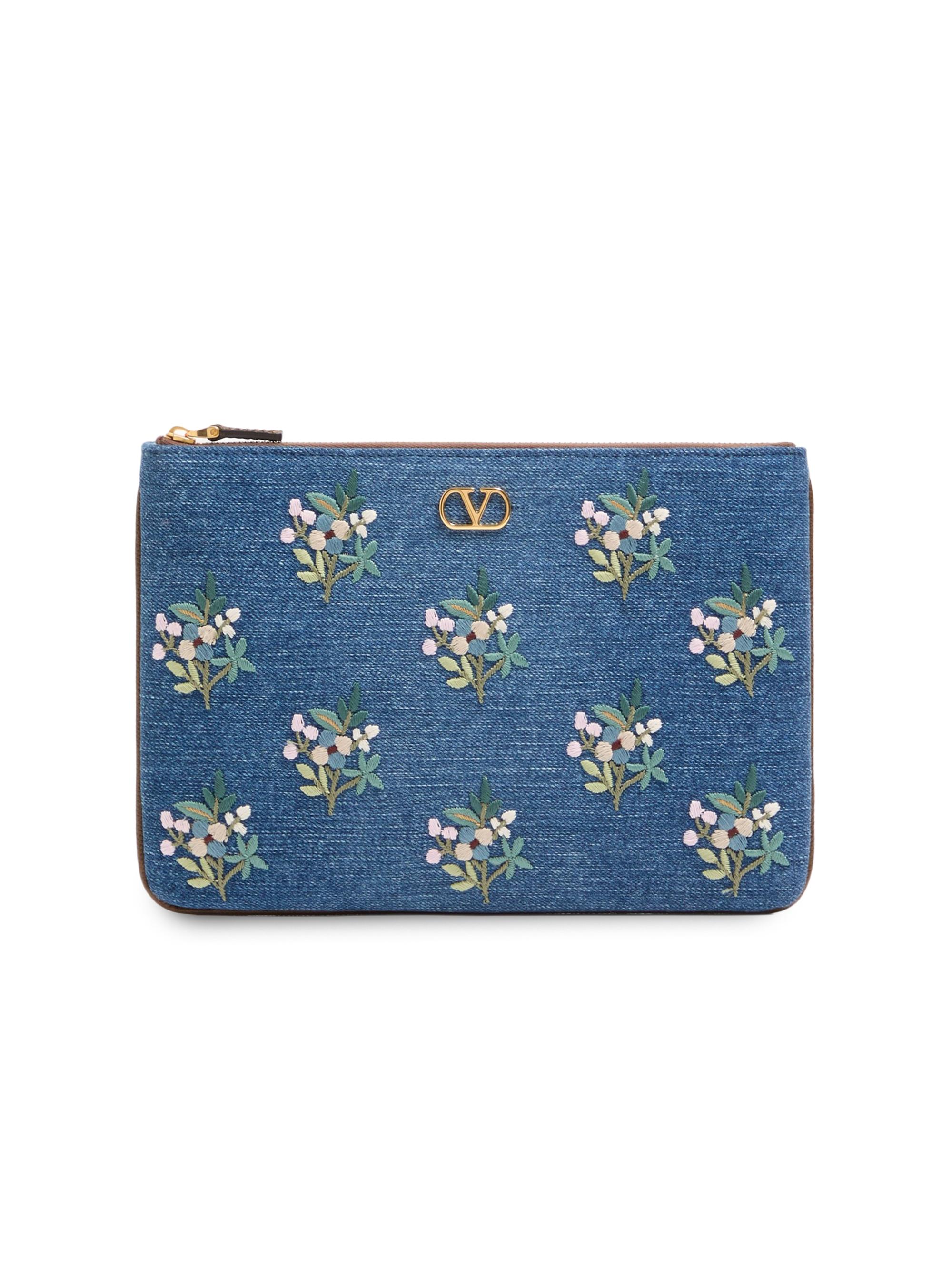 Valentino Garavani Women's VLogo Signature Clutch Bag in Denim with Floral Embroidery - Denim