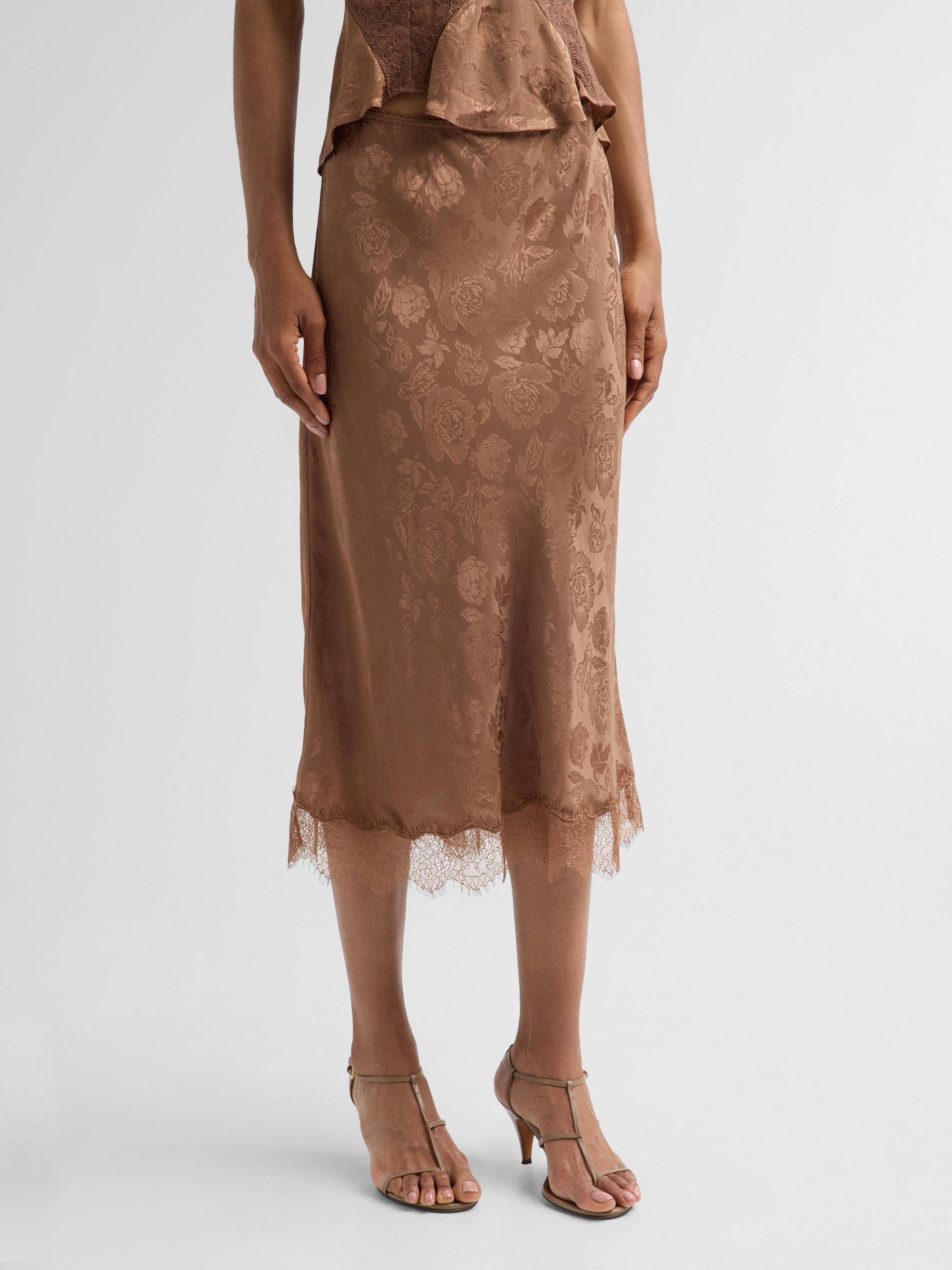 Ronny Kobo Women's Mina Floral Silk Lace-Trim Skirt - Brown | Thumbnail 4