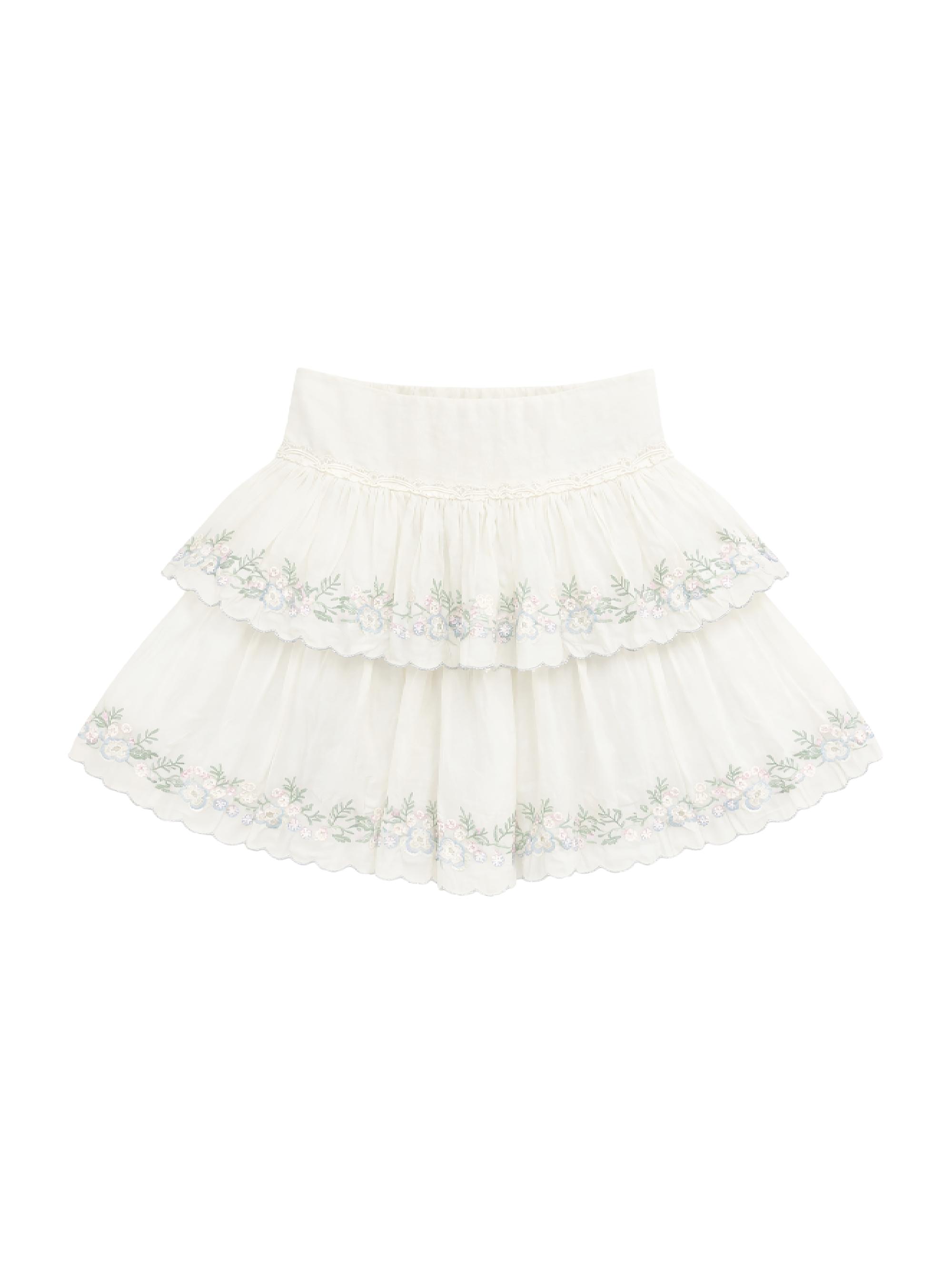 KatieJ NYC Girl's Allegra Floral-Embroidered Tiered Skirt - Creamsilverlurex