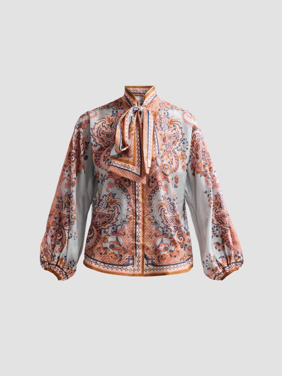 Zimmermann Paisley Floral Pure Silk Blouse With Self-tie Neck Detail In Blue Paisley Floral