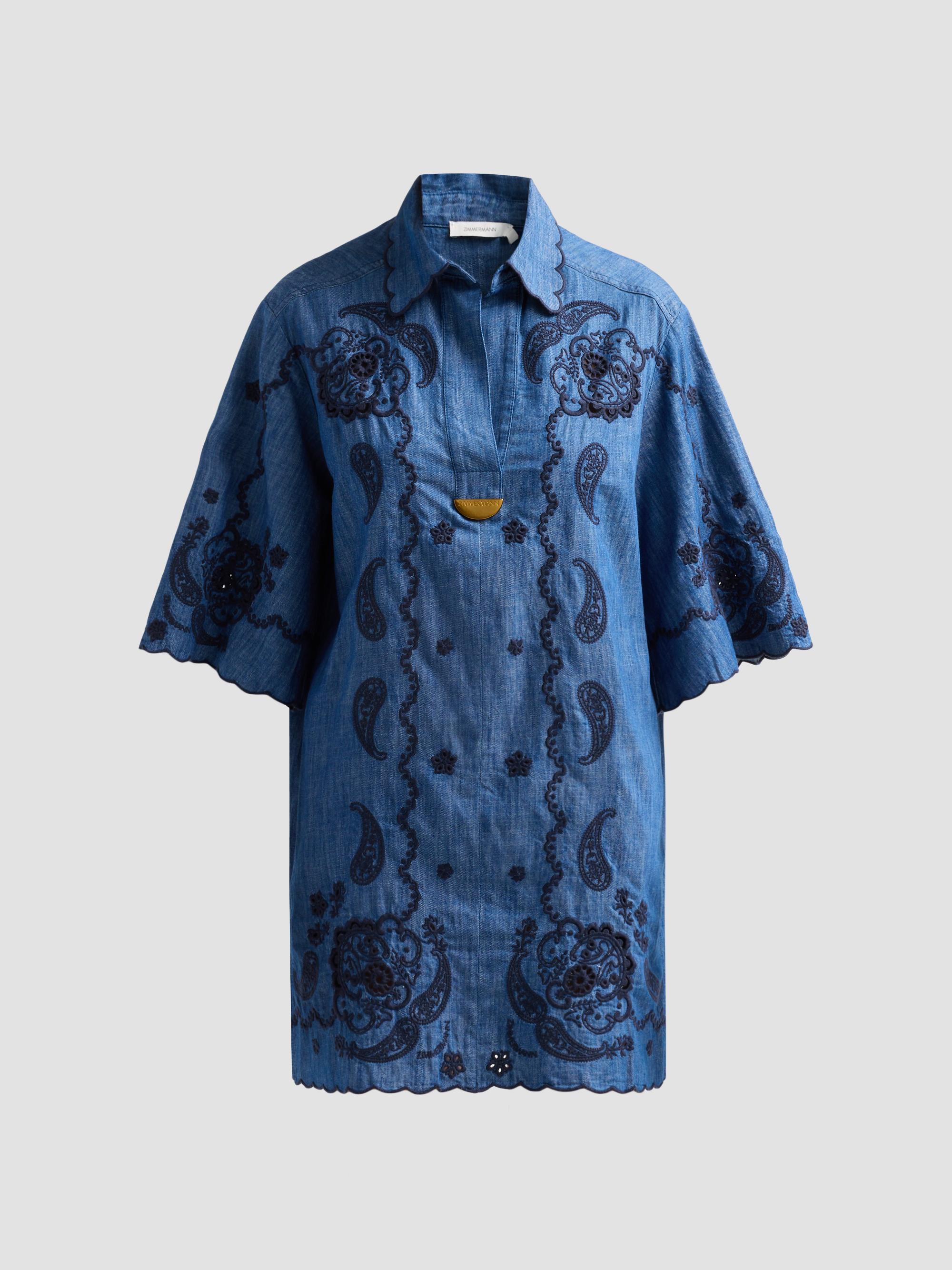 Zimmermann Women's Aster Embroidered Denim Mini Dress - Railway Blue | Thumbnail 6