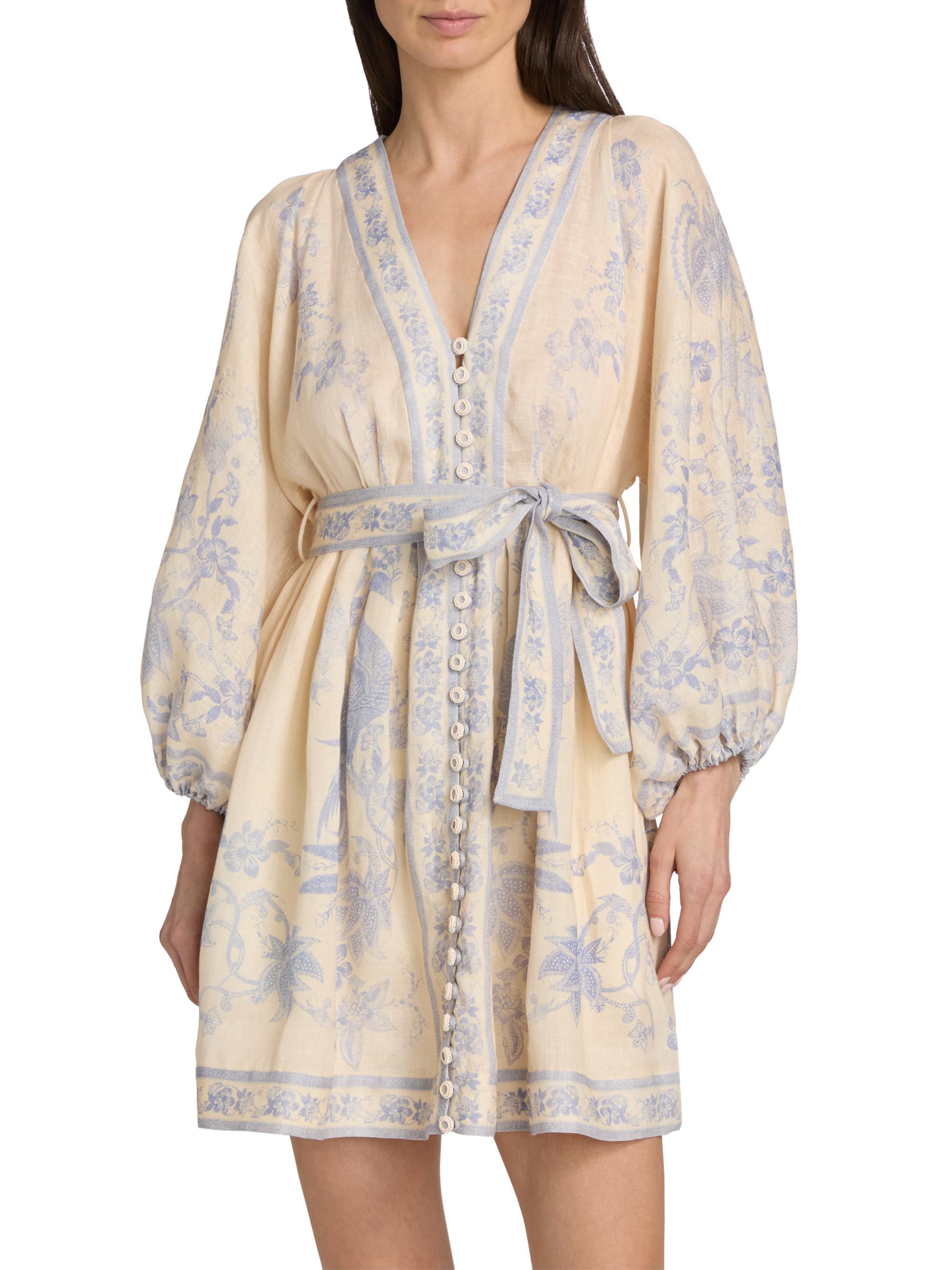 Zimmermann Women's Indra Floral Plunge Linen Minidress - Cream Lilac Floral | Thumbnail 3