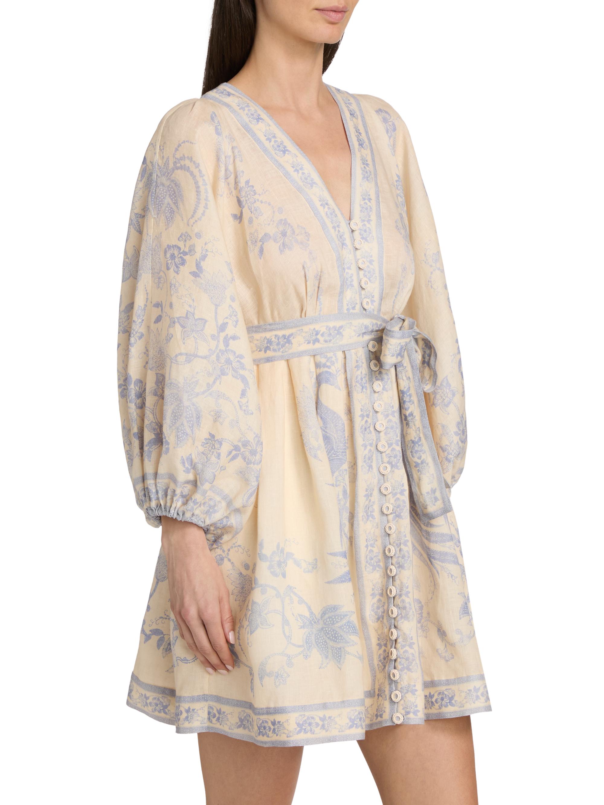 Zimmermann Women's Indra Floral Plunge Linen Minidress - Cream Lilac Floral | Thumbnail 4