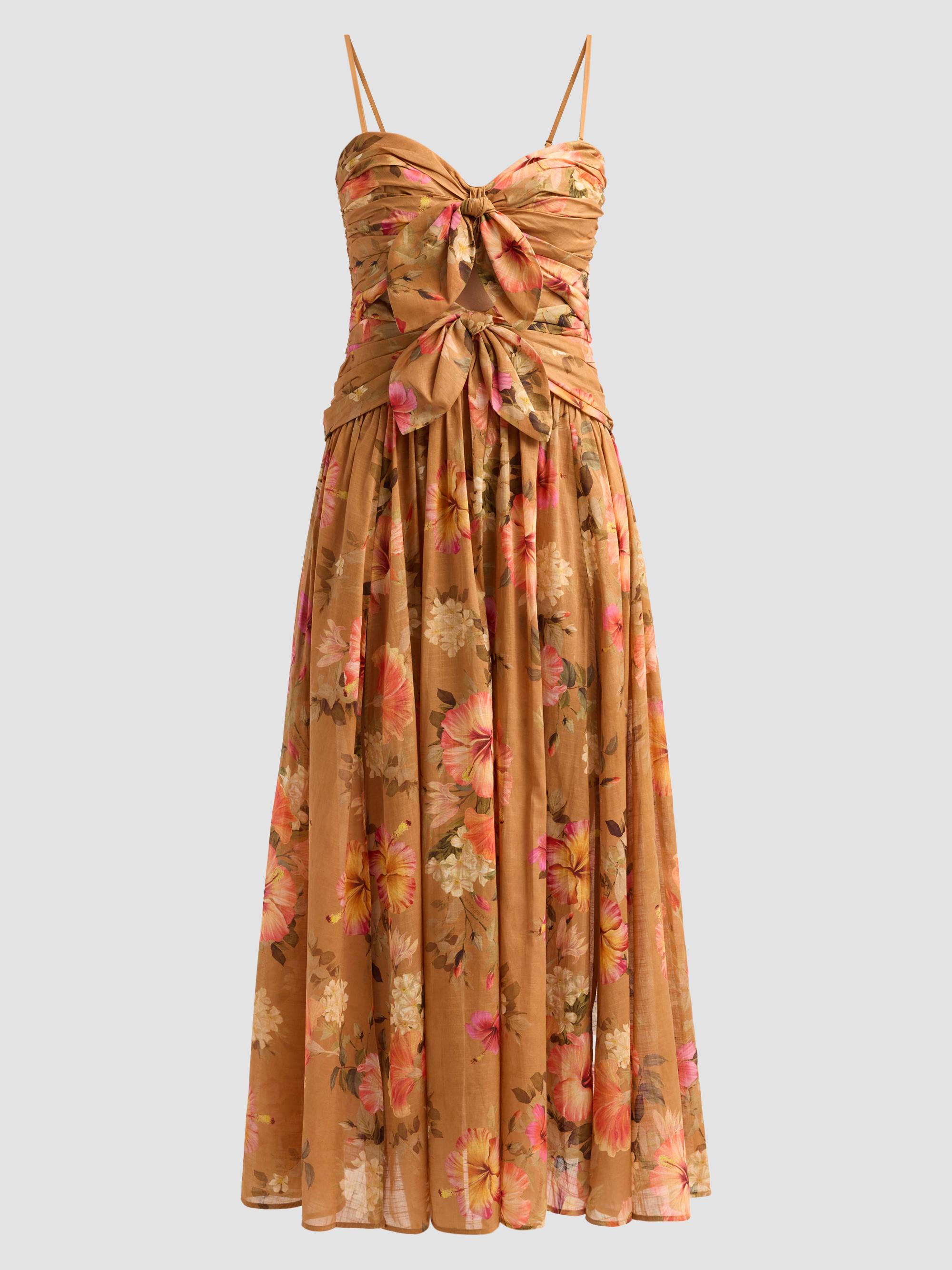zimmermann silk linen printed fishbone strapless halter dress Dawning Linen-Silk Corset Midi Dress By Zimmermann | Moda Operandi