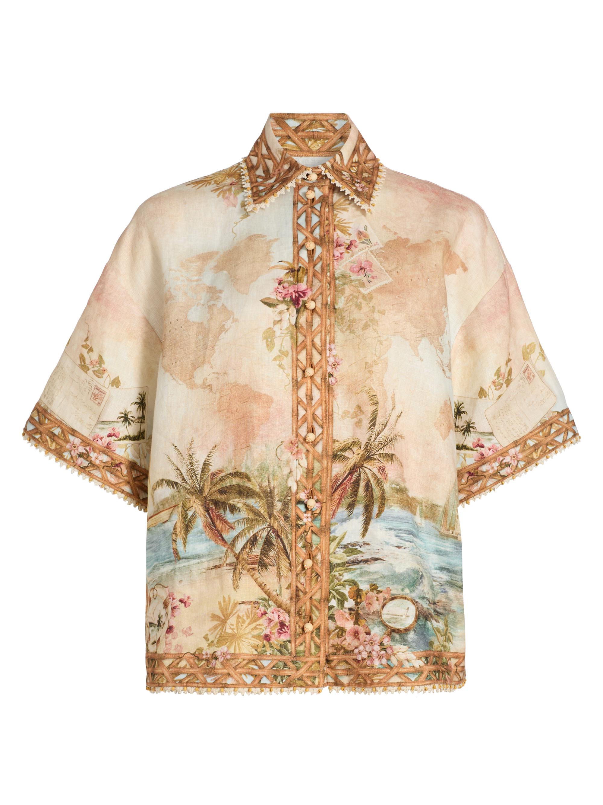 Zimmermann Women's Mahon Island Print Linen Shirt - Island Map Blue - Women's Clothing
