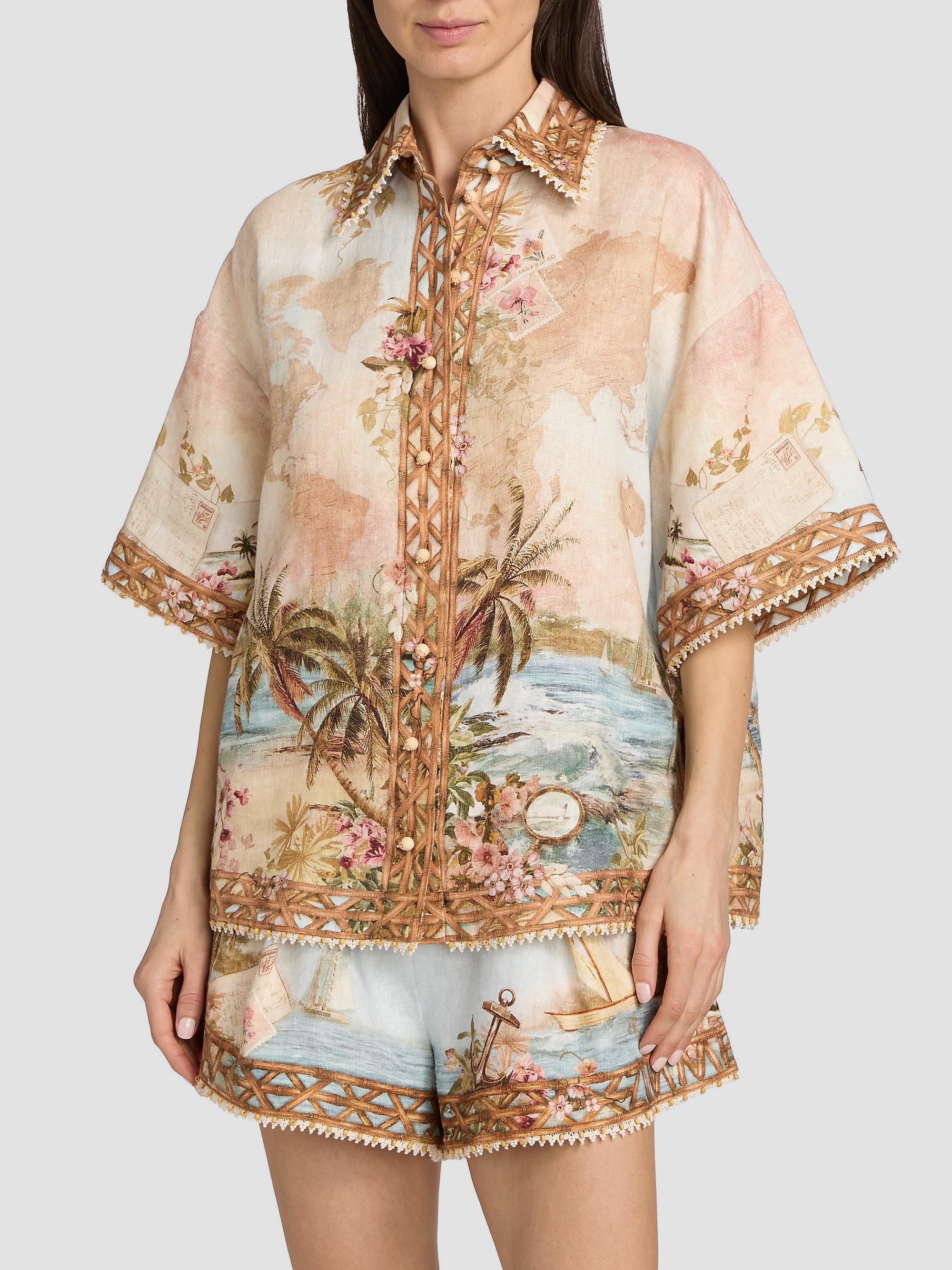 Zimmermann Women's Mahon Island Print Linen Shirt - Island Map Blue | Thumbnail 3