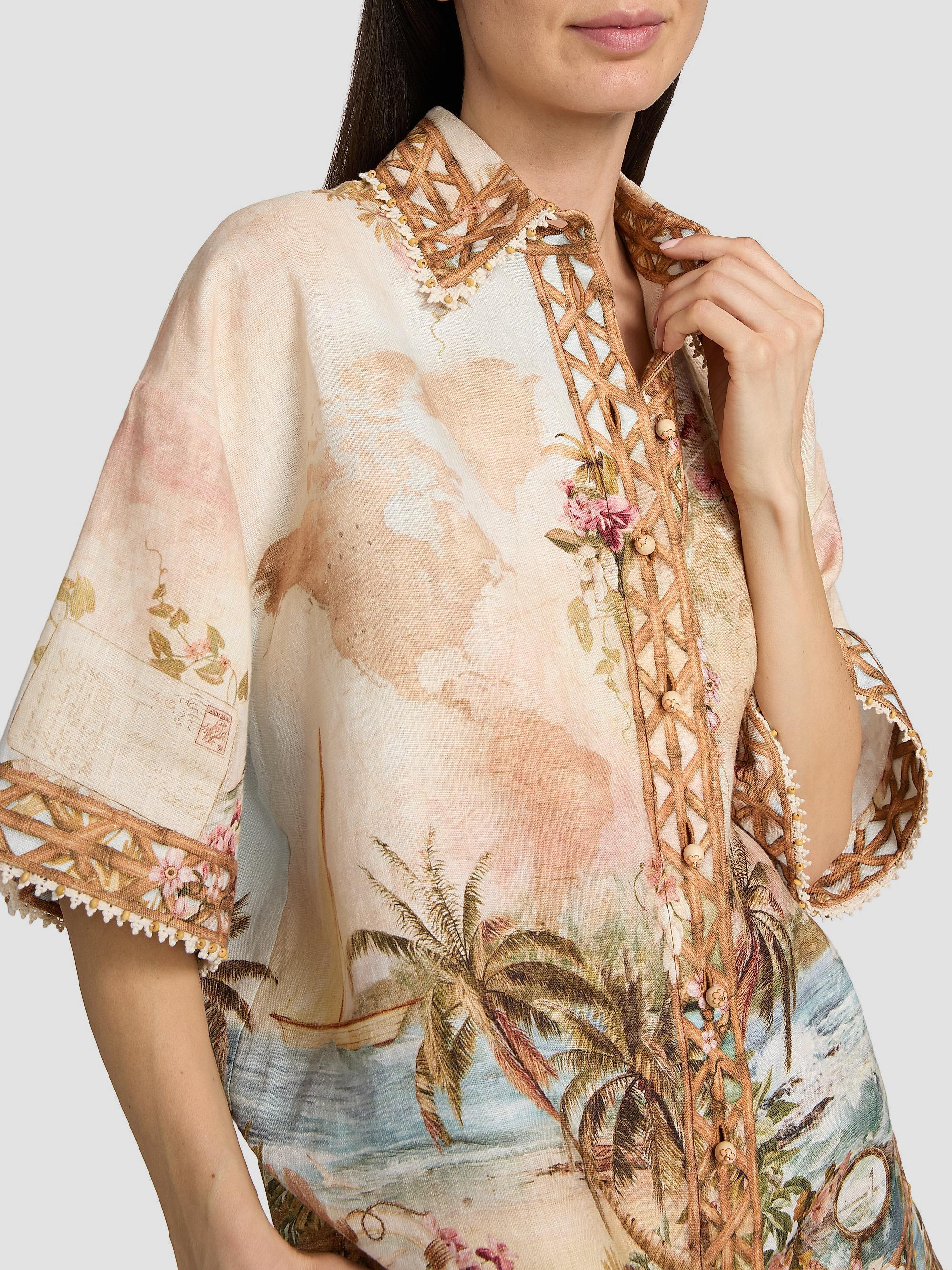 Zimmermann Women's Mahon Island Print Linen Shirt - Island Map Blue | Thumbnail 6