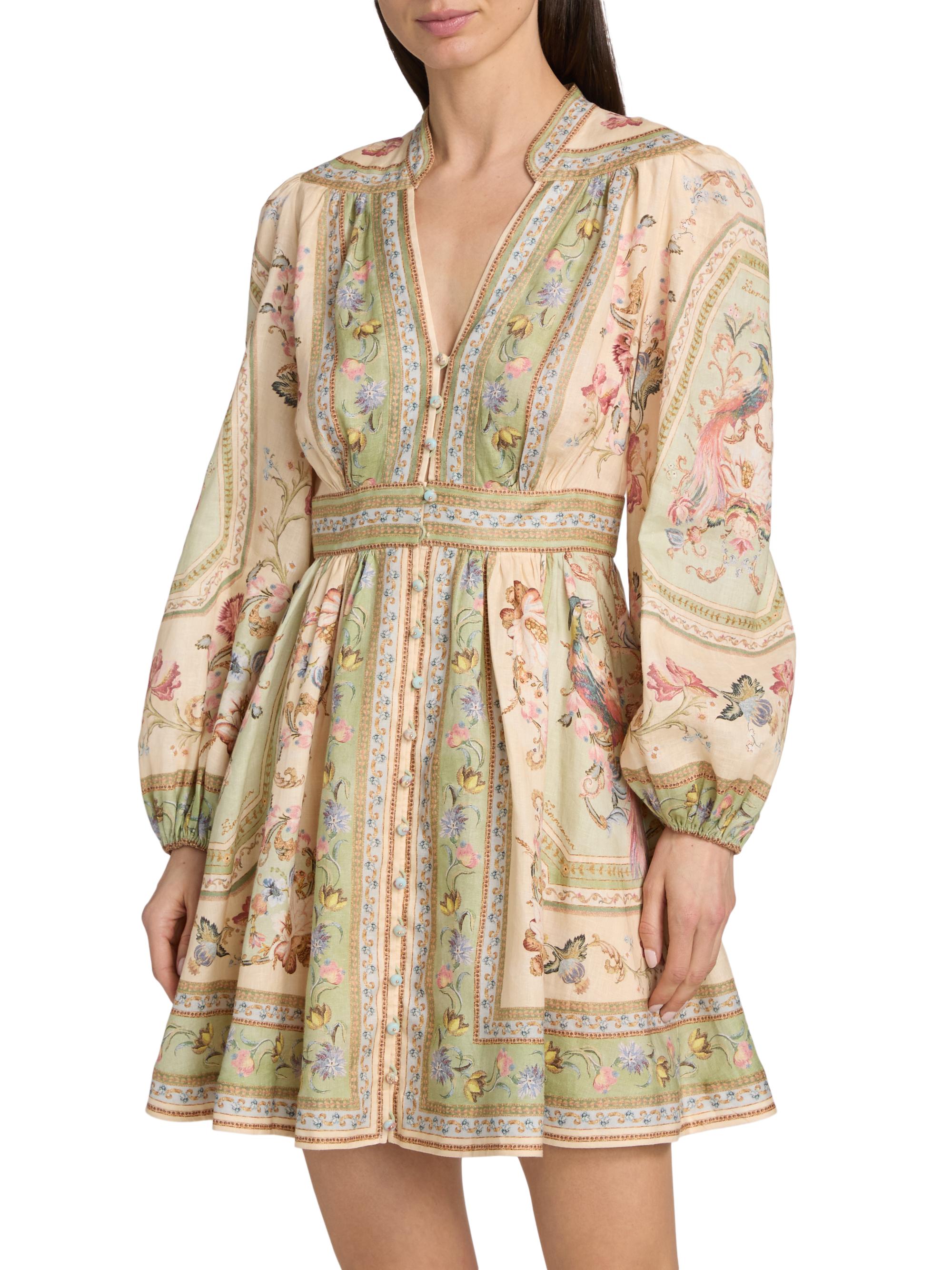 Zimmermann Women's Roselight Plunge Printed Linen Mini Dress - Sage Tapestry Floral | Thumbnail 3