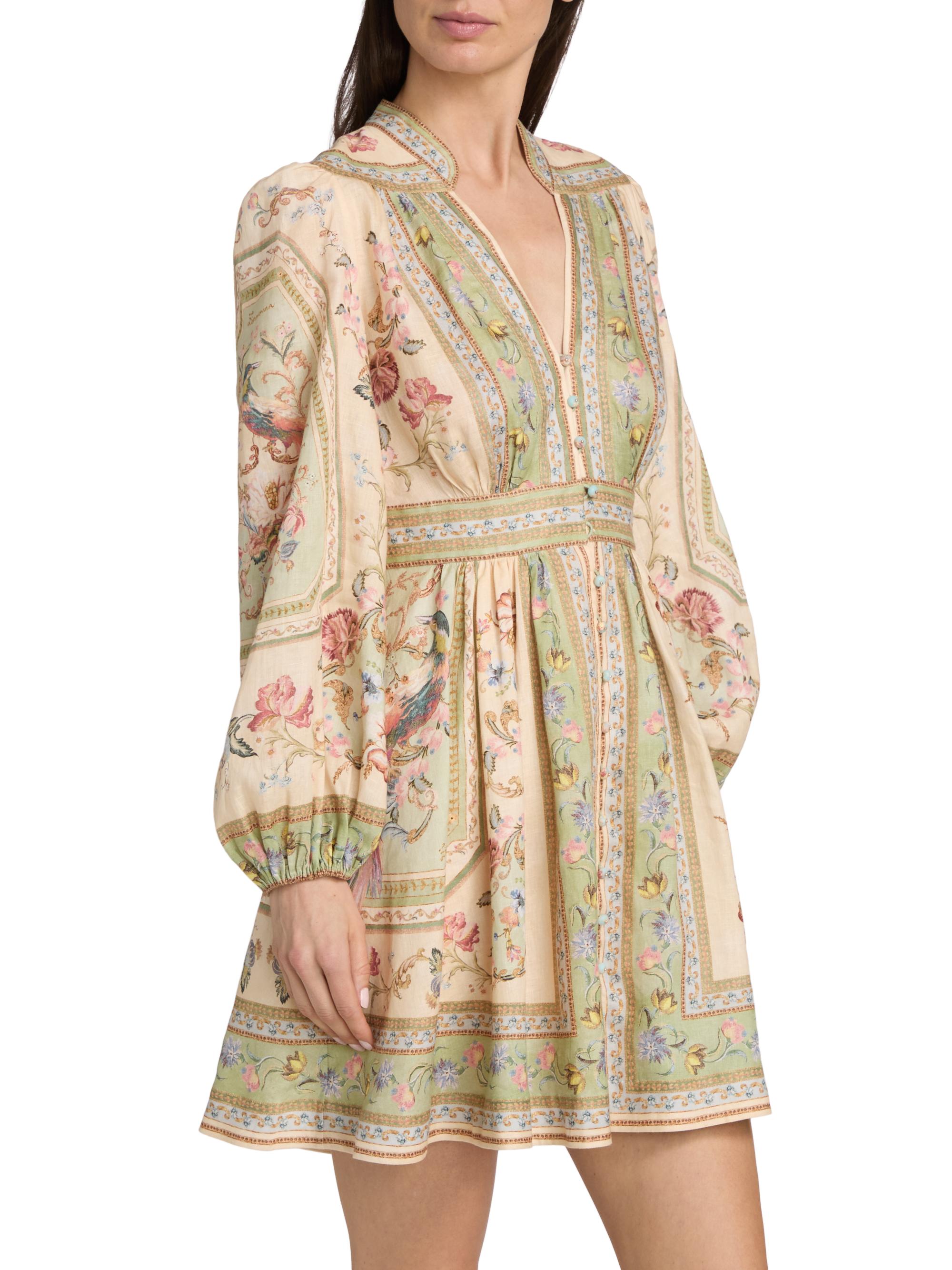 Zimmermann Women's Roselight Plunge Printed Linen Mini Dress - Sage Tapestry Floral | Thumbnail 4