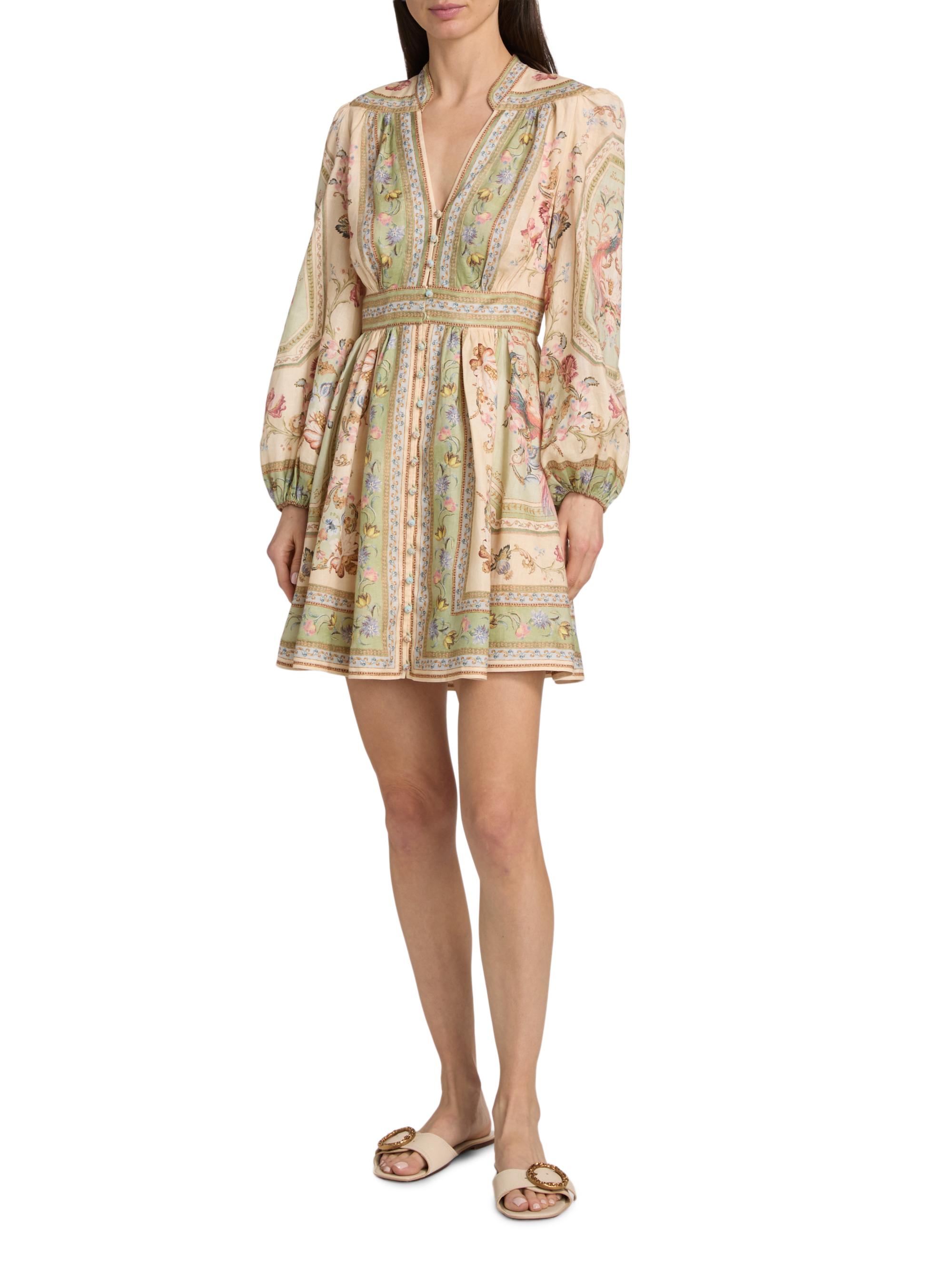 Zimmermann Women's Roselight Plunge Printed Linen Mini Dress - Sage Tapestry Floral | Thumbnail 2