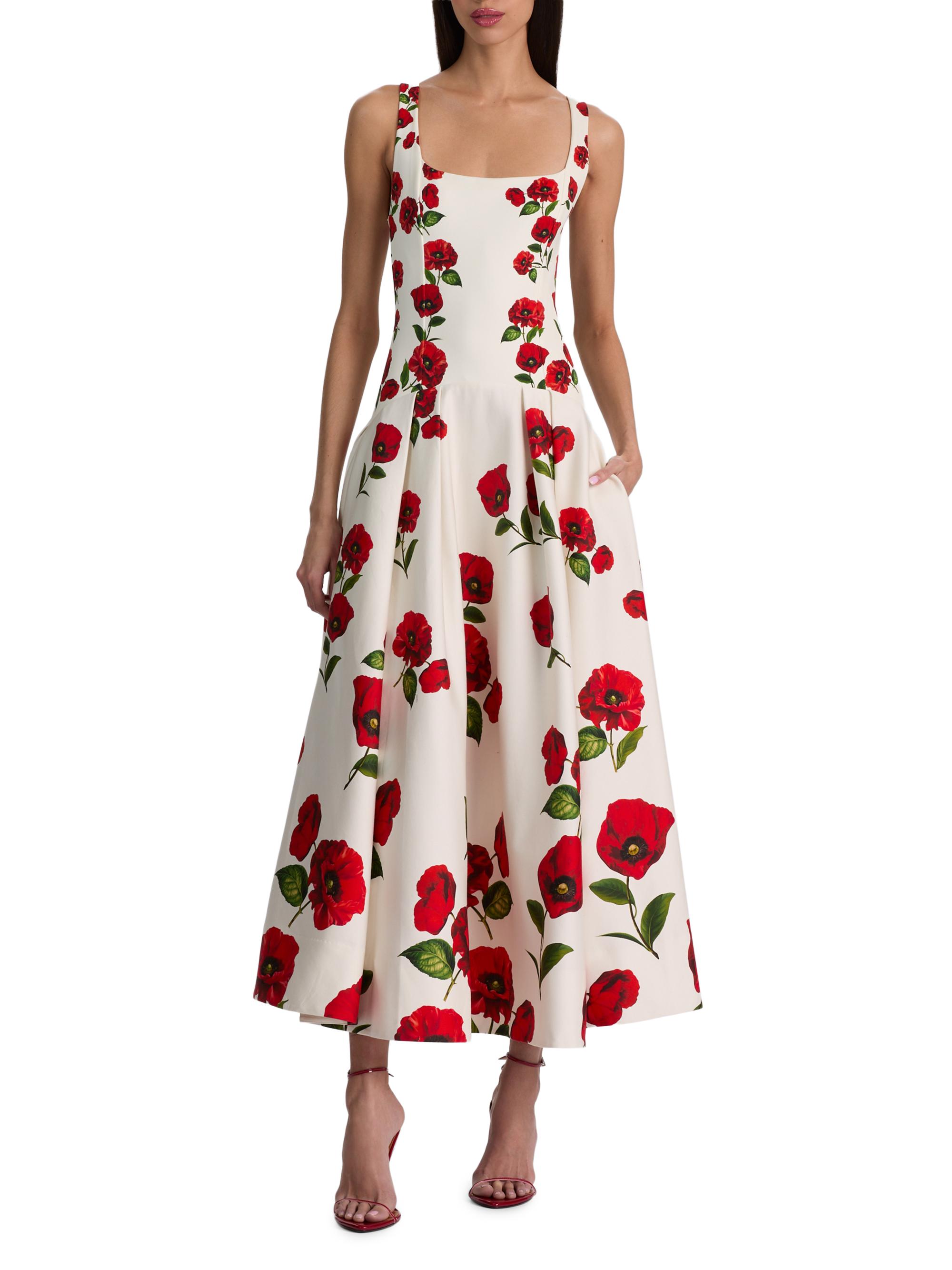 ALICE + OLIVIA Women's Adley Floral Stretch-Cotton Drop-Waist Midi-Dress - Summer Poppy | Thumbnail 2