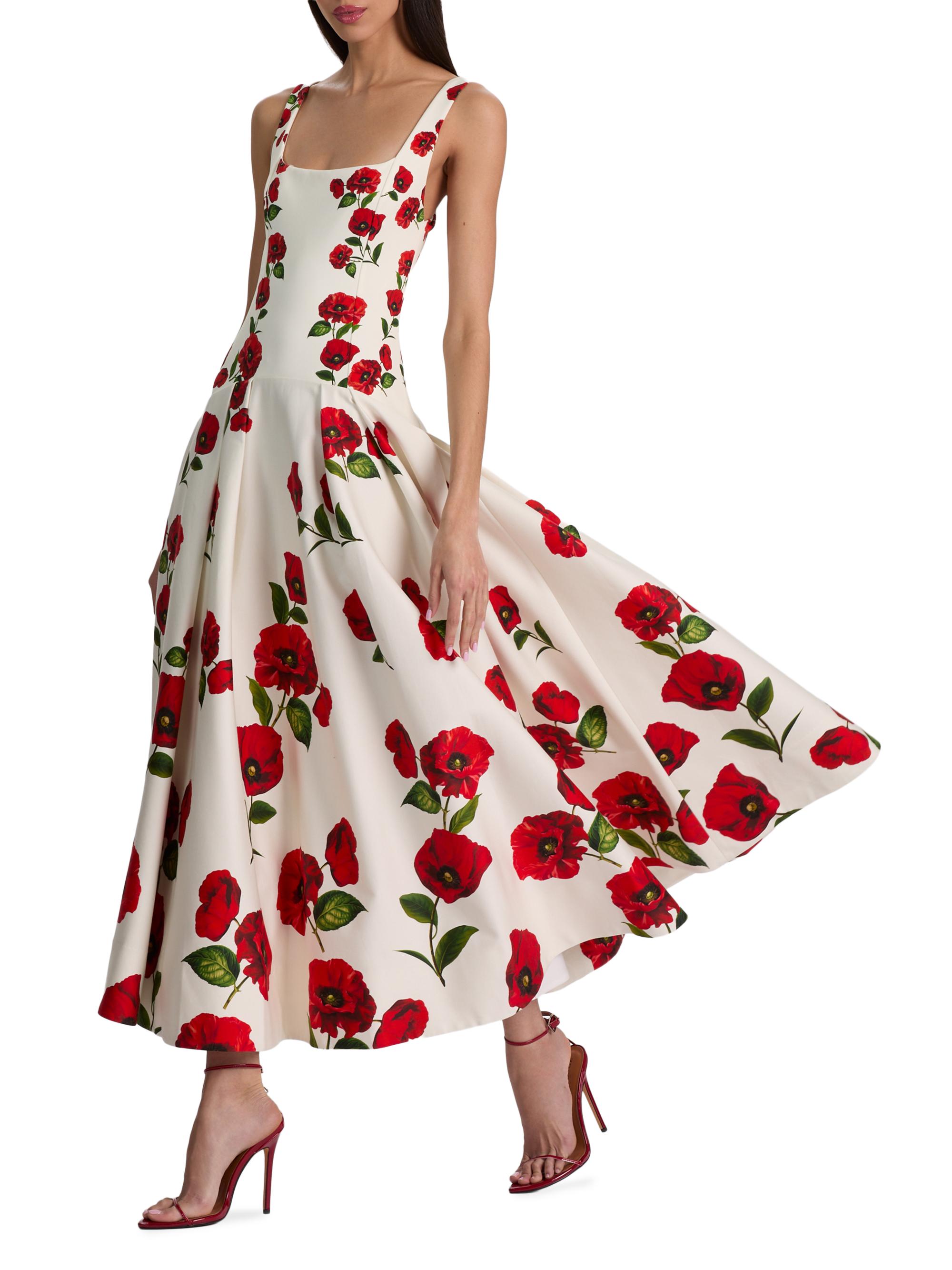 ALICE + OLIVIA Adley Floral Stretch-Cotton Drop-Waist Midi-Dress