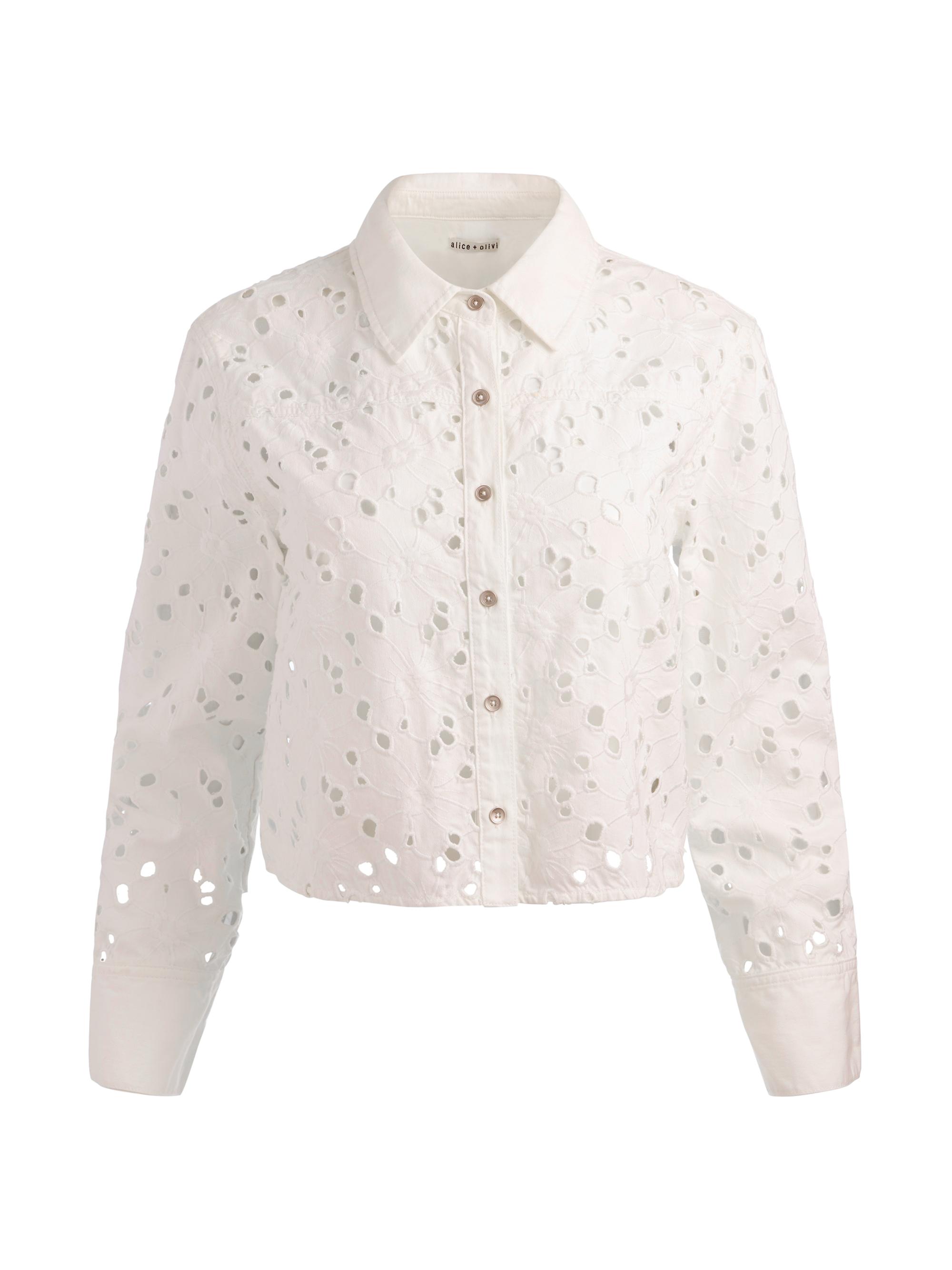 ALICE + OLIVIA Women's Finely Cotton-Blend Crop Denim Shirt - Off White