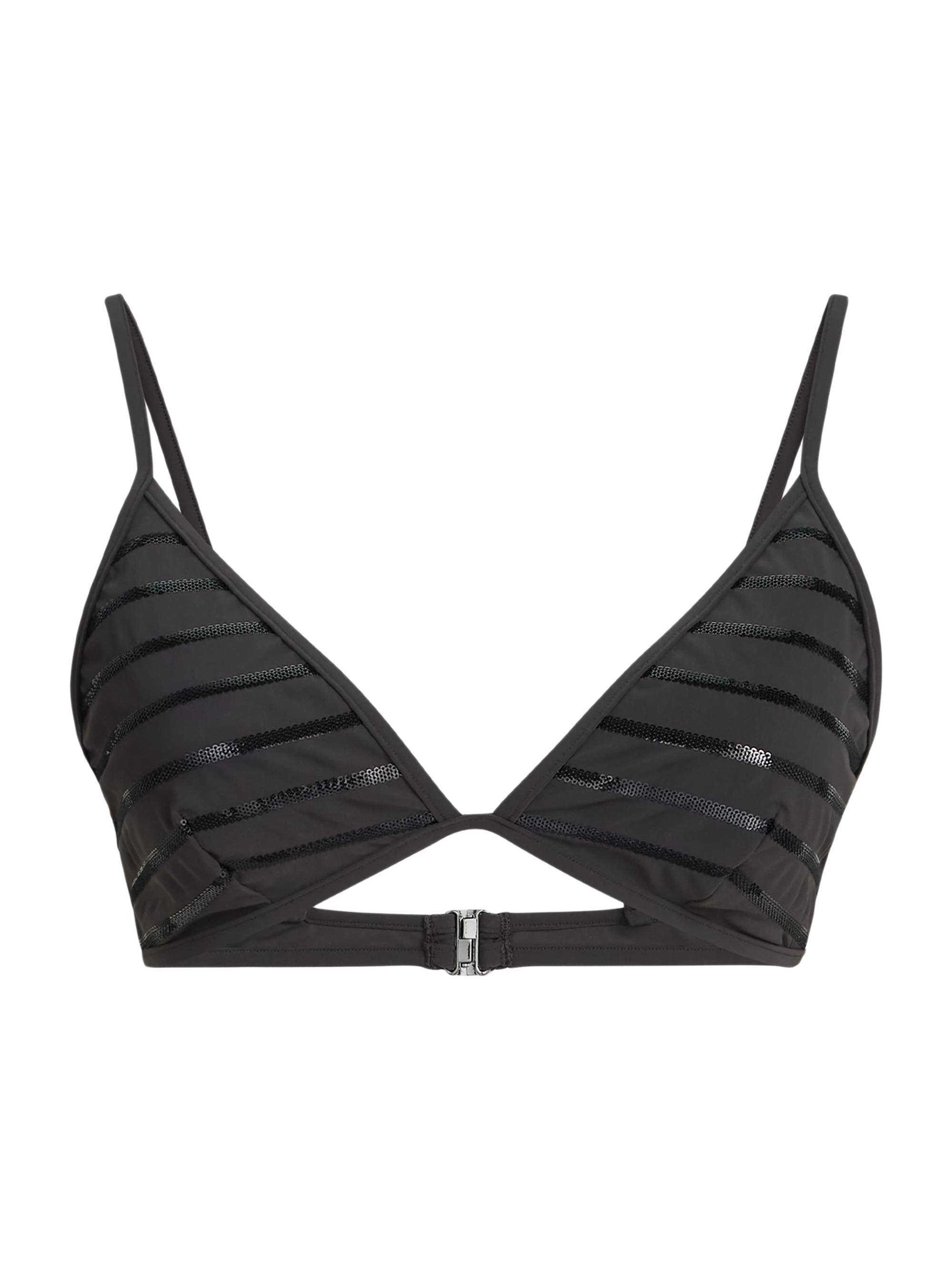 Brunello Cucinelli Women's Dazzling Stripes Bikini Top in Techno Jersey with Monili - Lignite - Women's Clothing