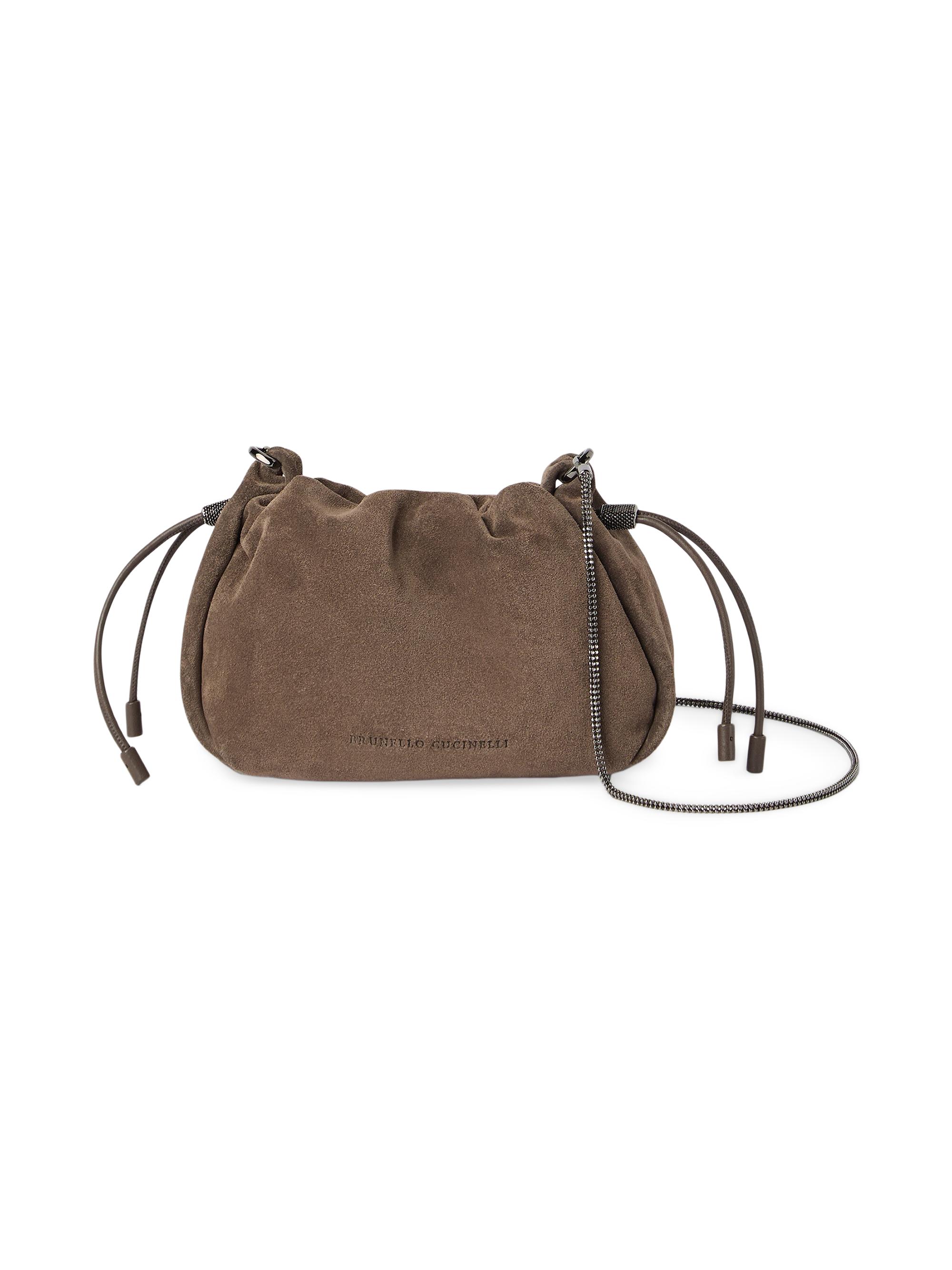 Brunello Cucinelli Women's Mellow Mini Bucket Bag in Suede with Precious Chain - Light Brown