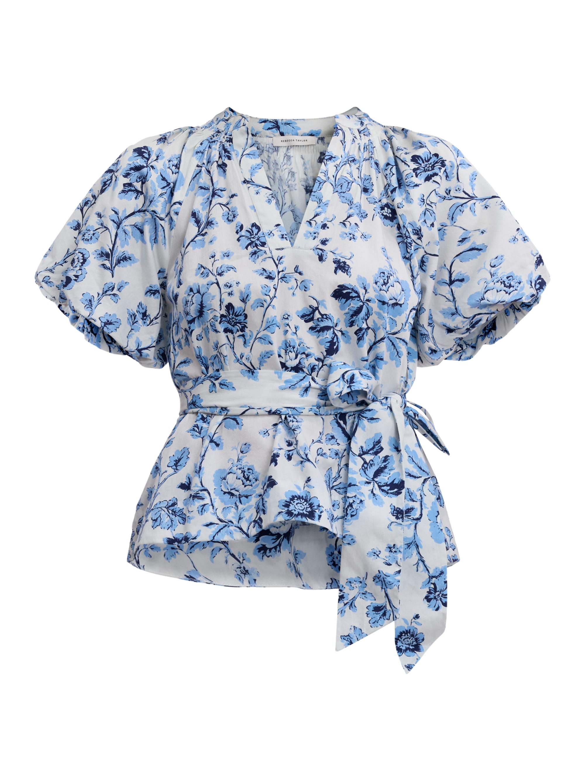 Rebecca Taylor Women's Emelia Tie-Waist Floral Cotton Blouse - Alaskan Blue Multi