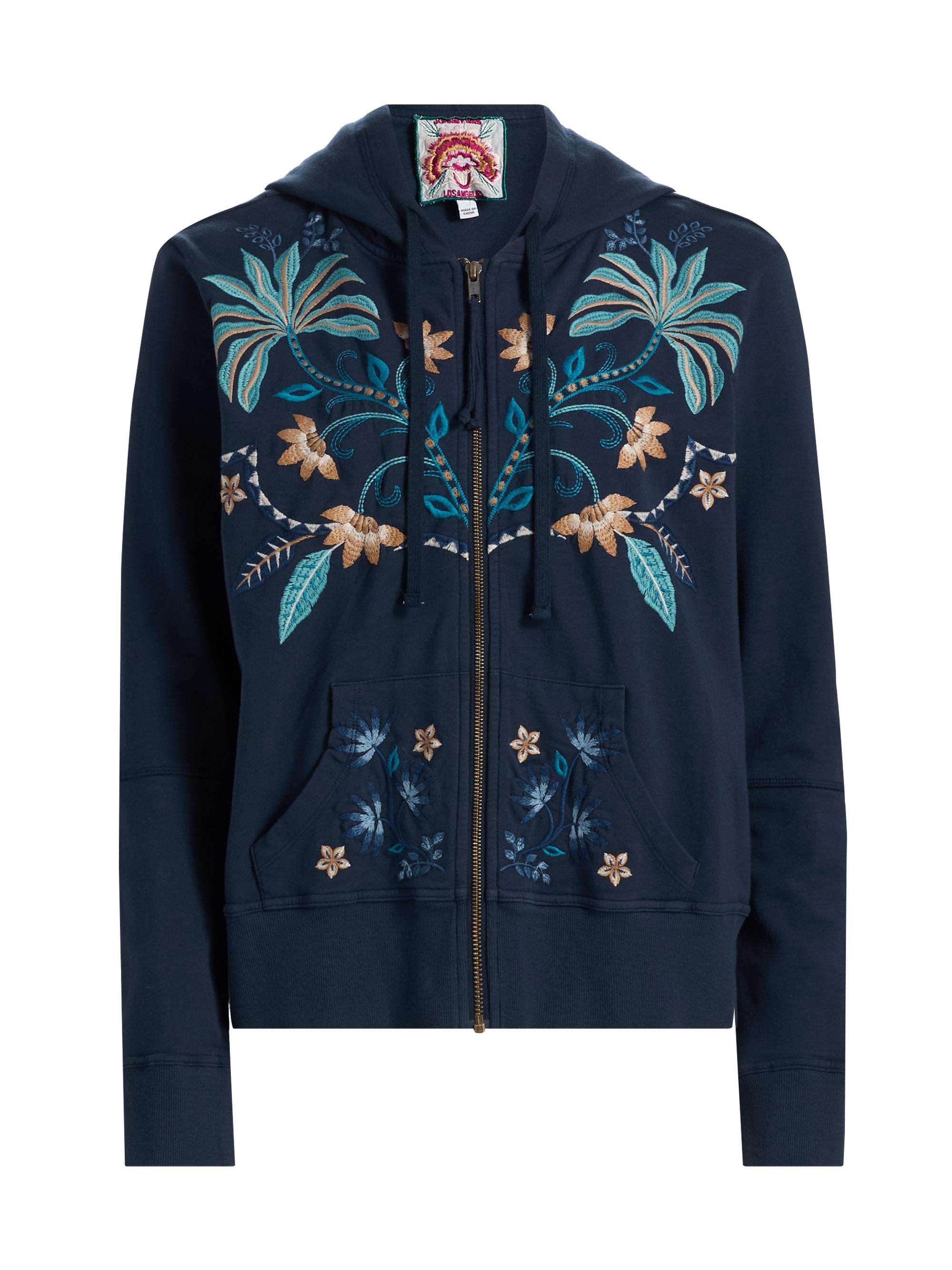 Johnny Was Women's Una Embroidered Stretch-Cotton Zip-Front Hoodie - Blue Night