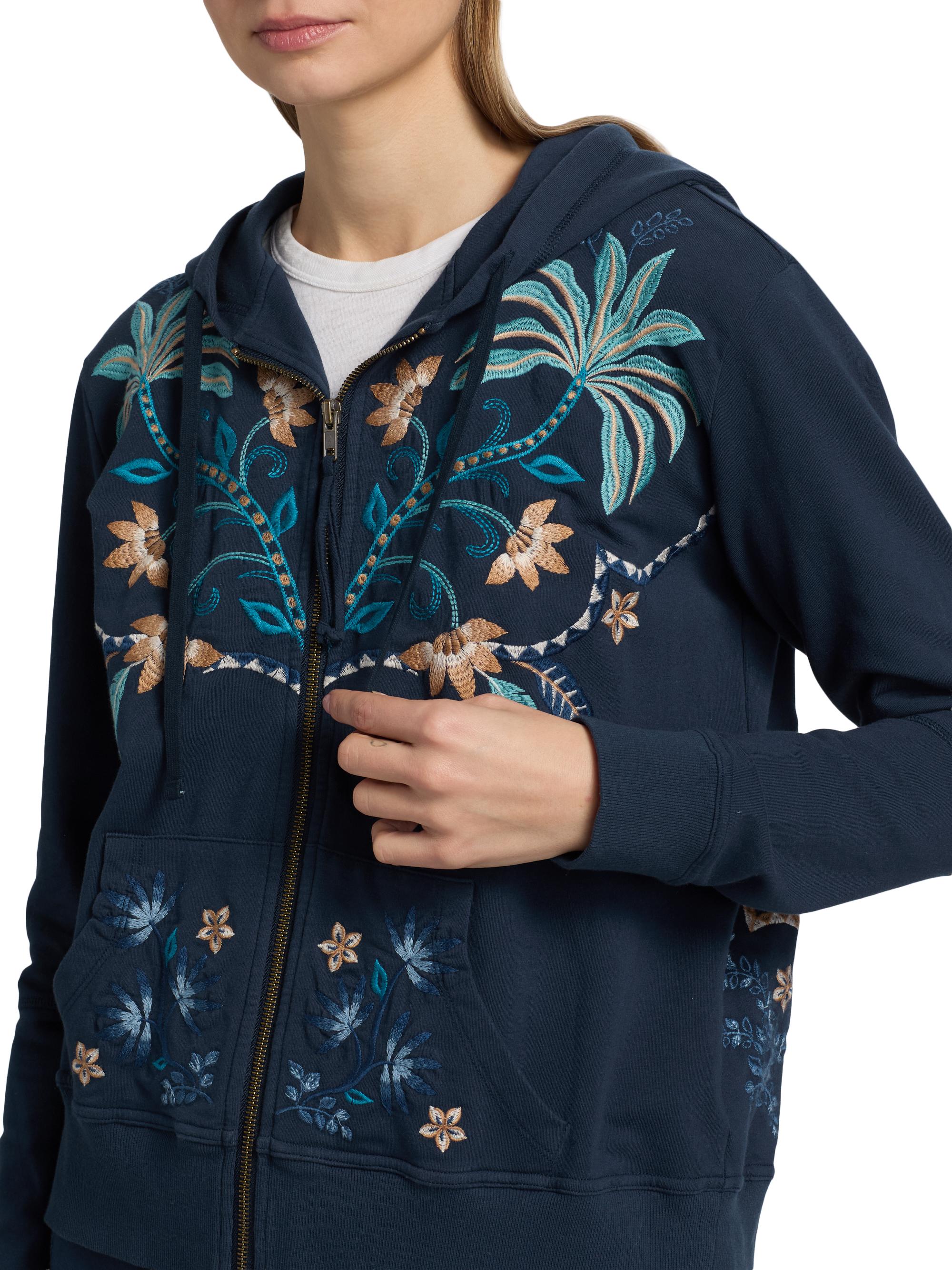 Johnny Was Una Embroidered Stretch-Cotton Zip-Front Hoodie | Saks