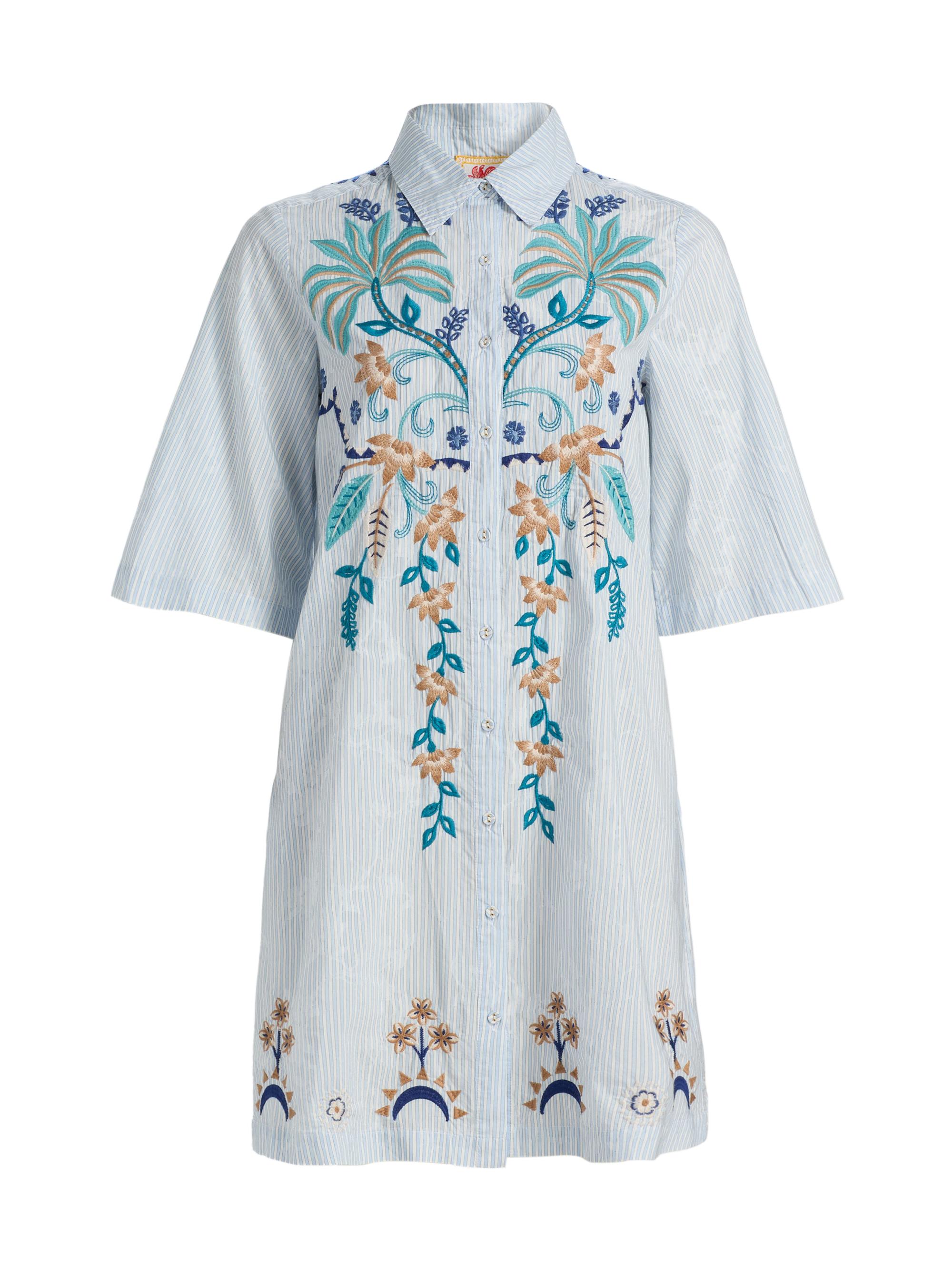 Una Embroidered Striped Cotton-Blend Mini Shirtdress