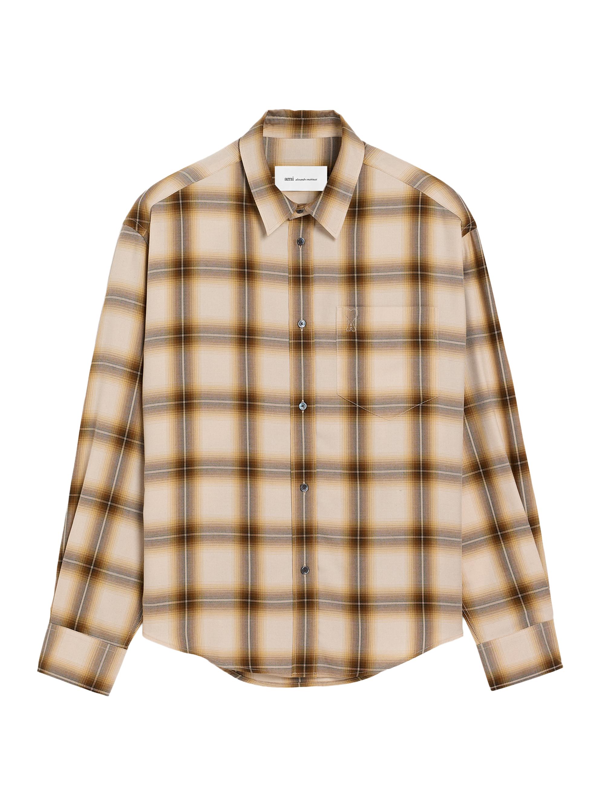 AMI Paris Men's Shadow-Plaid Boxy Shirt - Taupe Beige Caramel