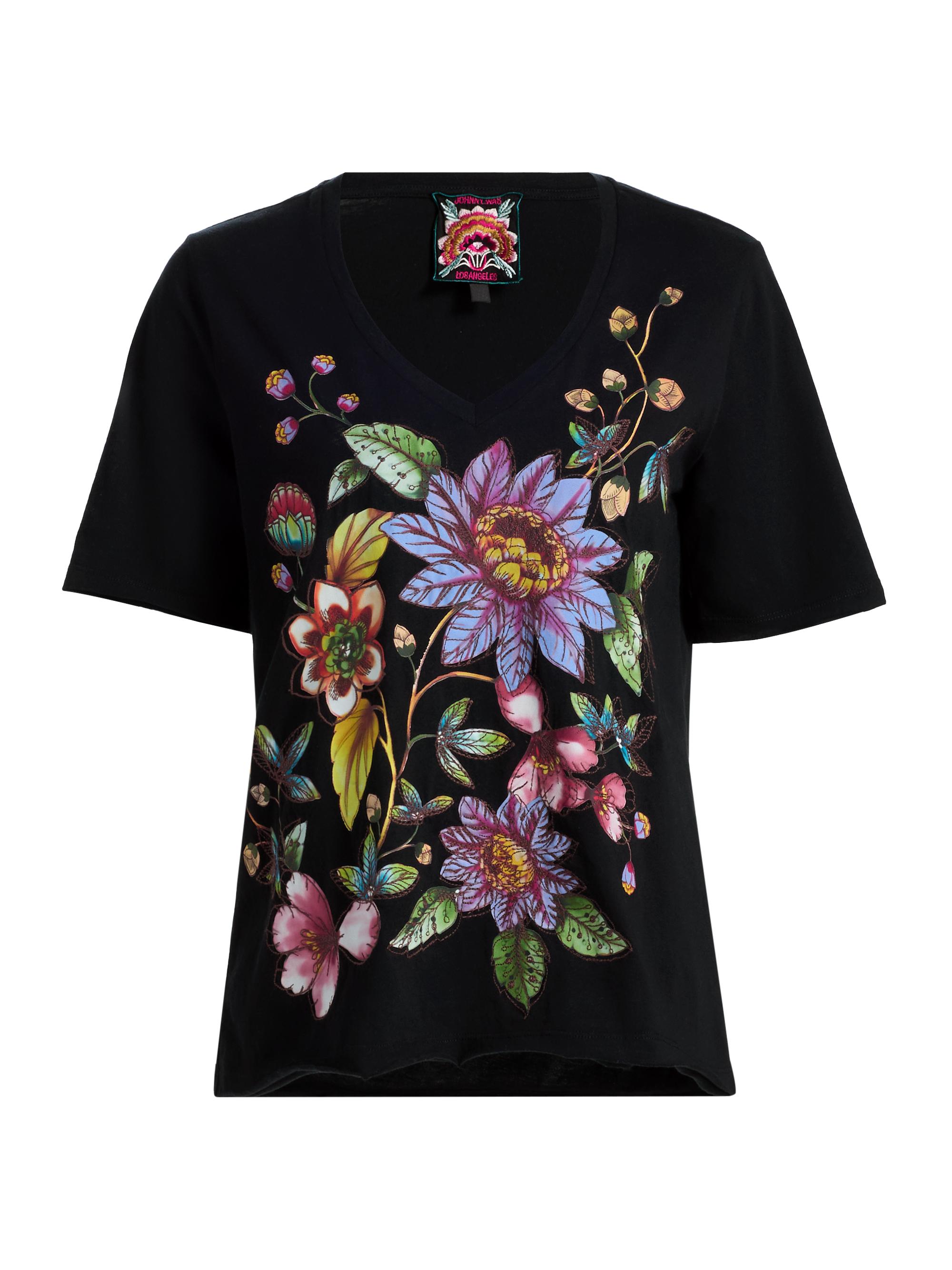 Johnny Was Women's Floral Embroidered V-Neck T-Shirt - Black
