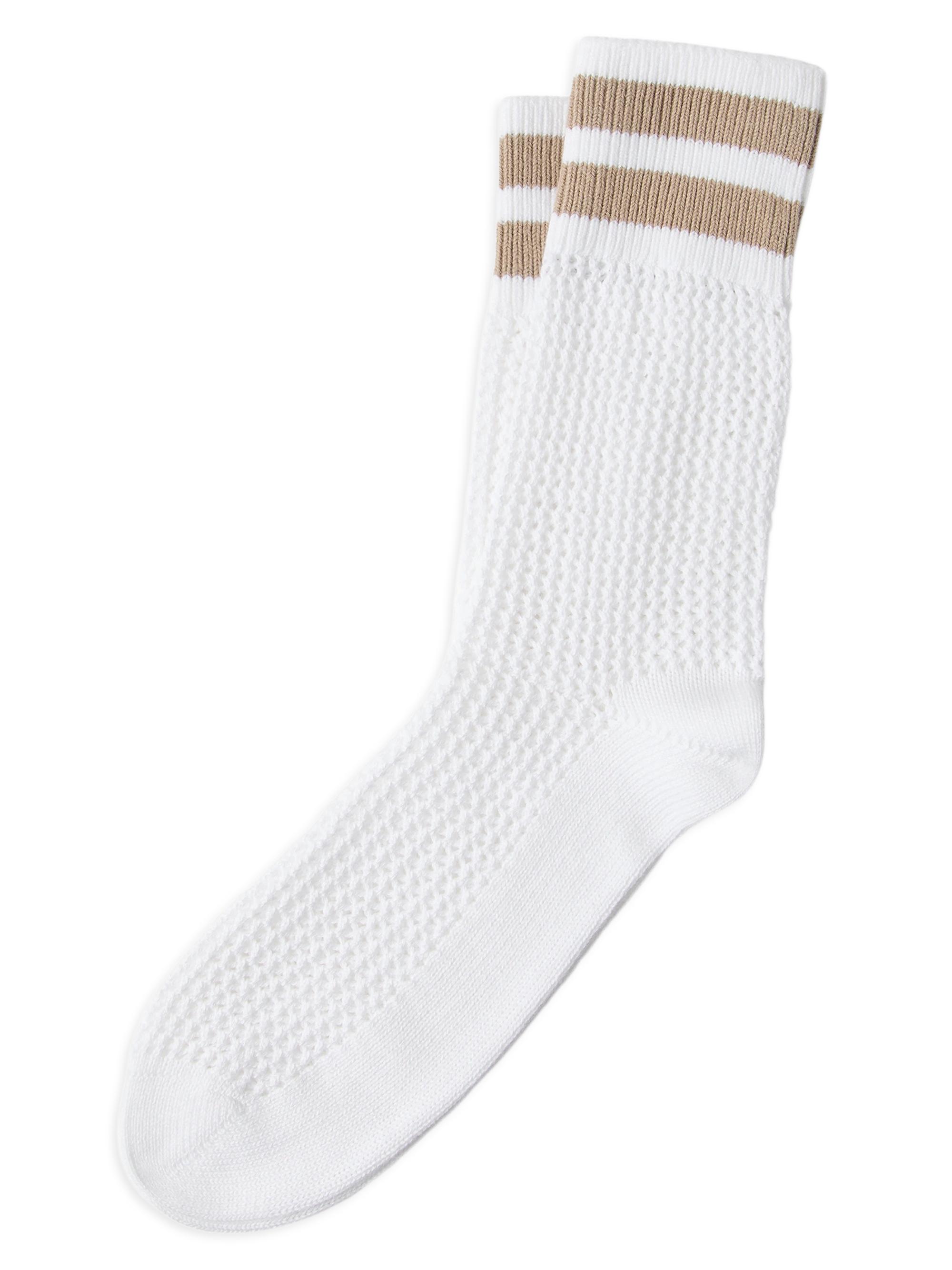 Brunello Cucinelli Women's Cotton Waffle Stitch Knit Socks with Stripes - Beige