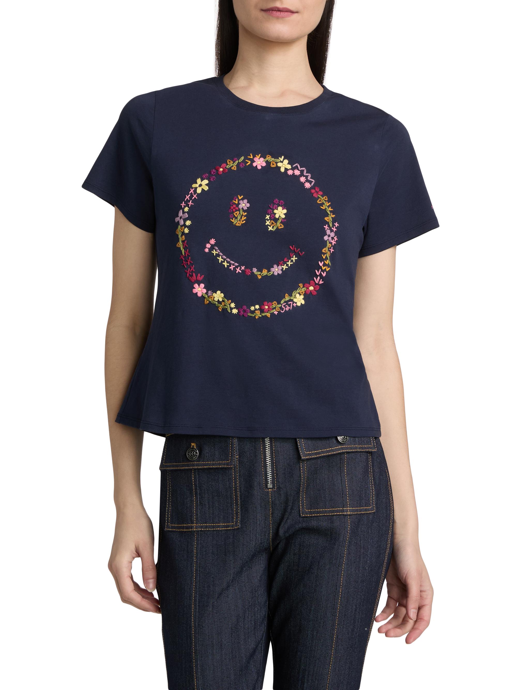Cinq à Sept Women's Wildflower-Embroidered Cotton Shrunken T-Shirt - Navy Multi | Thumbnail 3