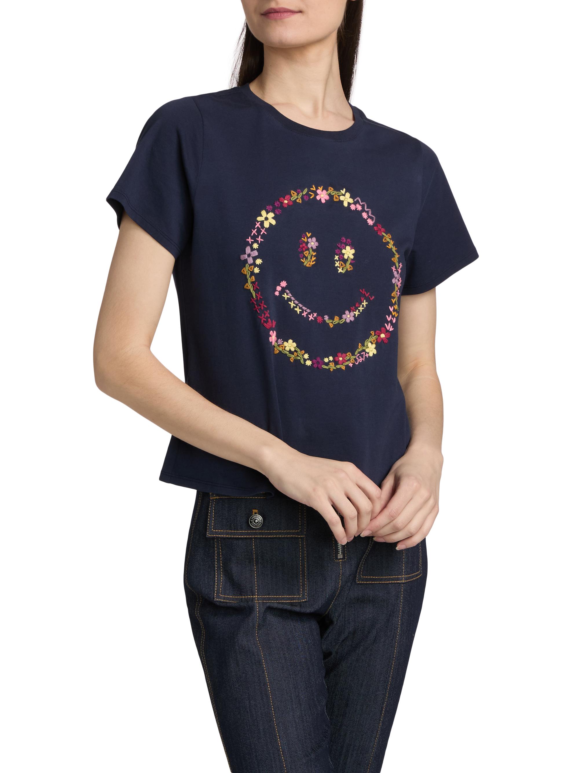 Cinq à Sept Women's Wildflower-Embroidered Cotton Shrunken T-Shirt - Navy Multi | Thumbnail 4