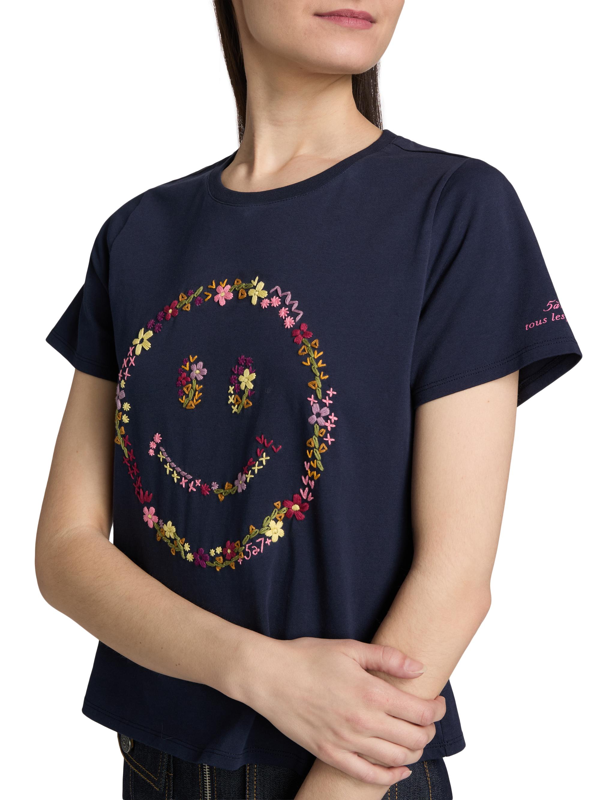 Cinq à Sept Women's Wildflower-Embroidered Cotton Shrunken T-Shirt - Navy Multi | Thumbnail 6