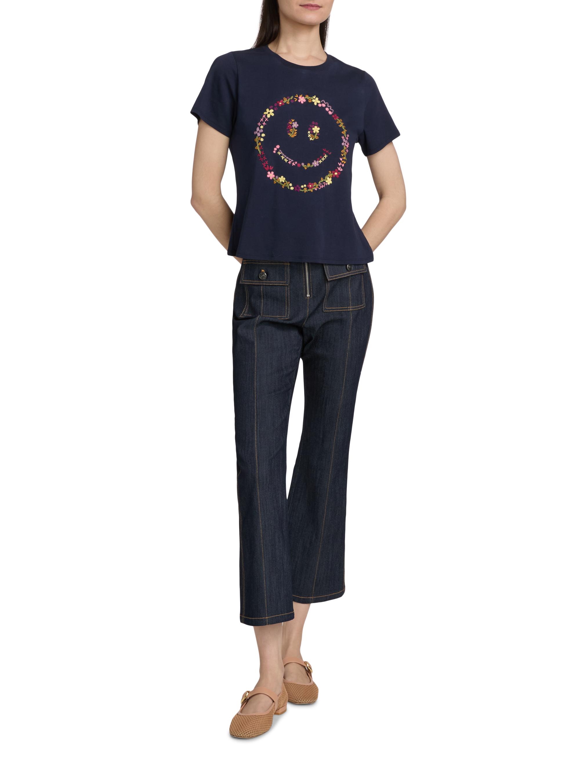 Cinq à Sept Women's Wildflower-Embroidered Cotton Shrunken T-Shirt - Navy Multi | Thumbnail 2