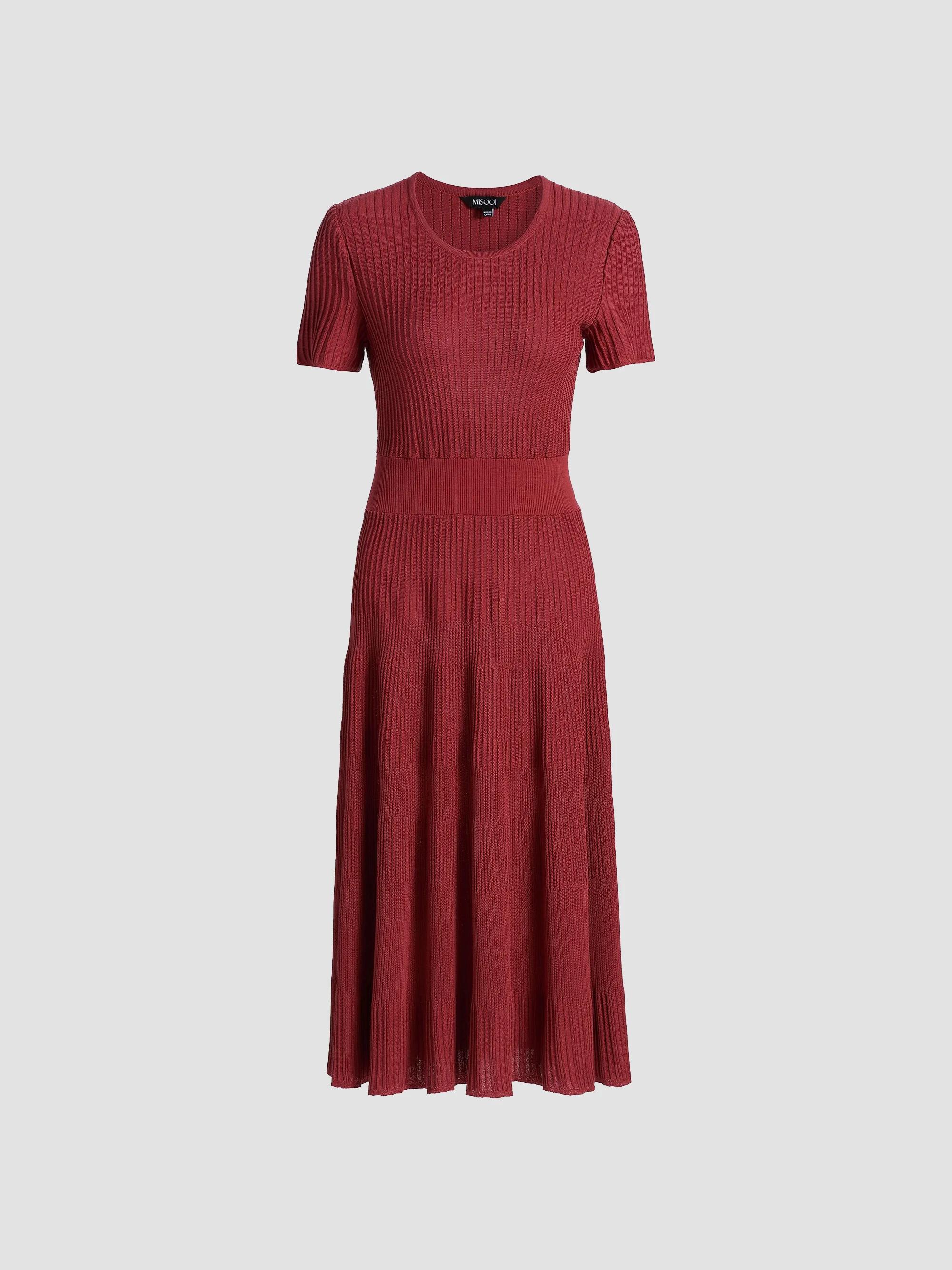 Misook Fit & Flare Tonal Ribbed Soft Knit Midi Dress - Russet
