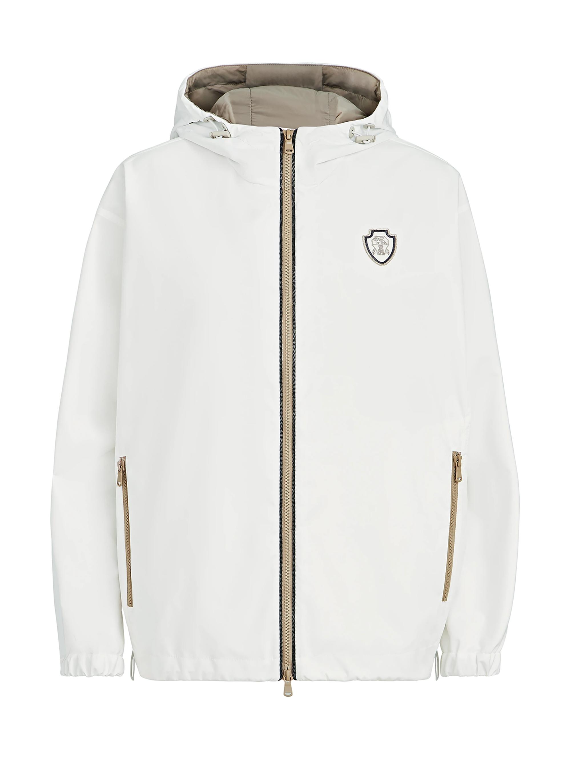 Brunello Cucinelli Women's Nylon Hooded Outerwear Jacket with Logo and Precious Trims - White