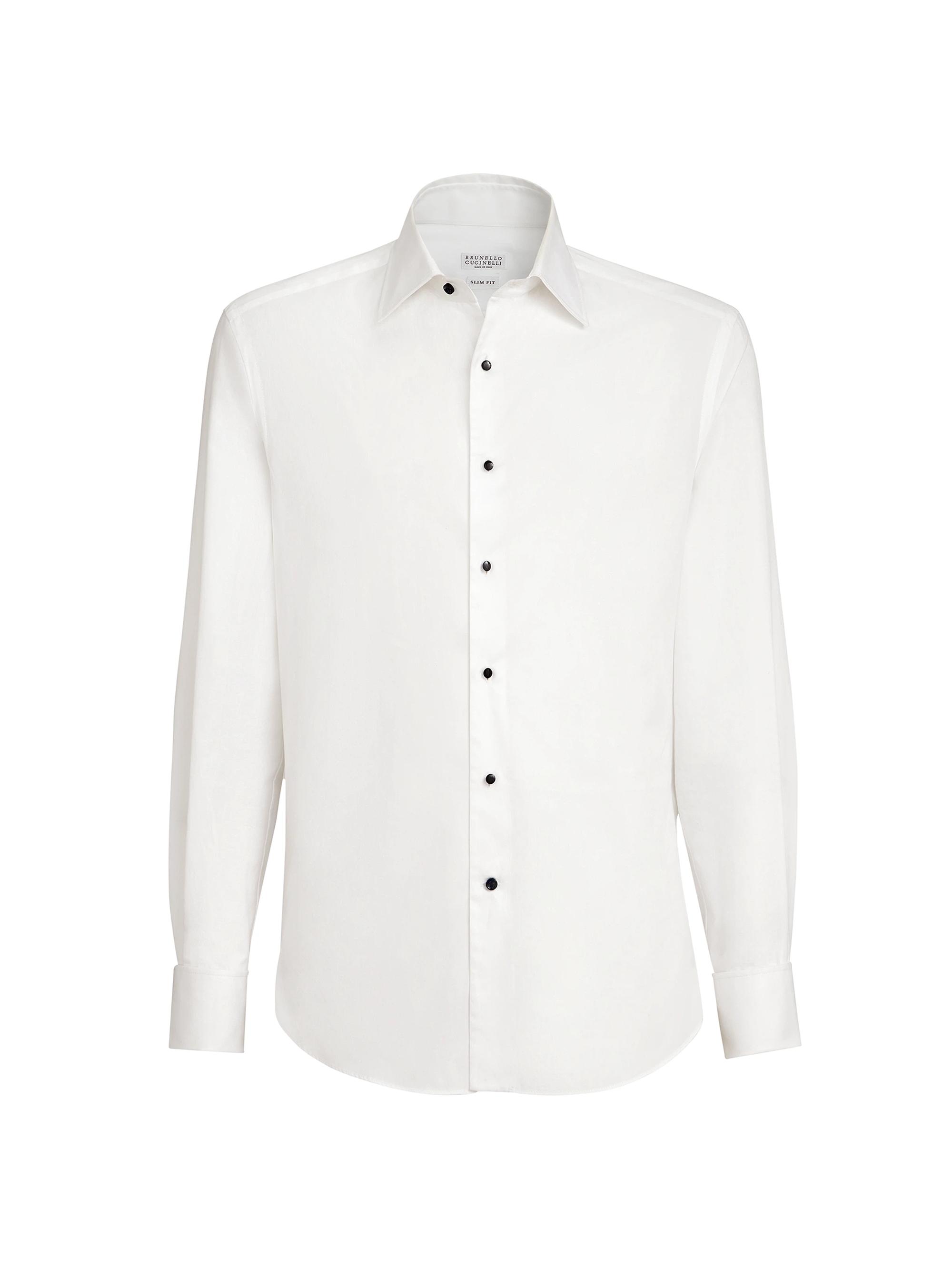 Brunello Cucinelli Men's Sea Island Cotton Twill Slim Fit Tuxedo Shirt with Spread Collar - White